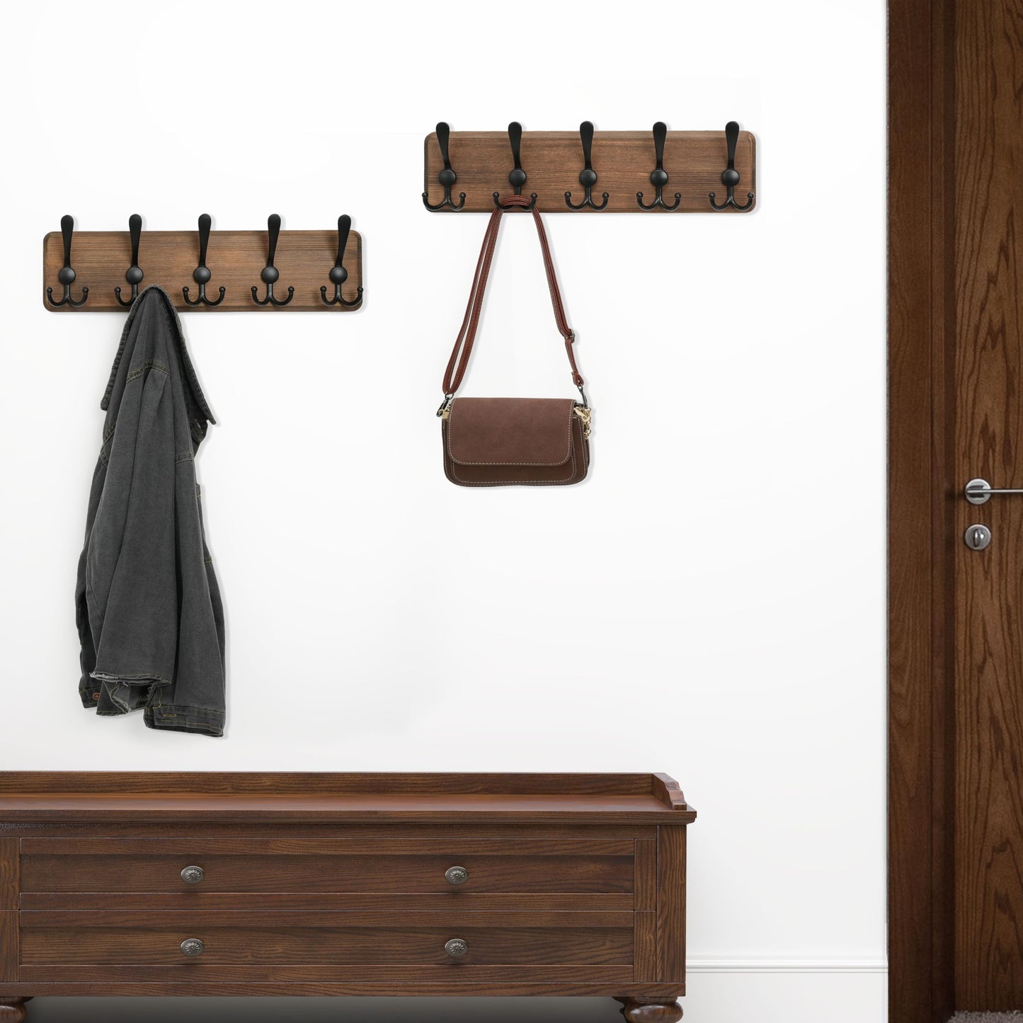 WEBI Coat Rack Wall Mount,Coat Hooks Wall Mounted,16'' Hole to Hole,Wood Coat Hanger Wall,Hook Rack Rail,5 Triple Hooks for Hanging Coats,Jacket,Clothes