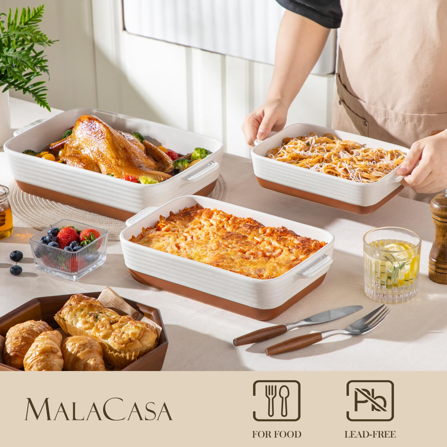 MALACASA Casserole Dishes for Oven, Ceramic Baking Dishes Set of 3, 1.45/2.7/3.8L Rectangular Baking Pan Set, Deep Lasagna Pan with Handles, Khaki White (14.5"/13"/10.5"), Series TARA