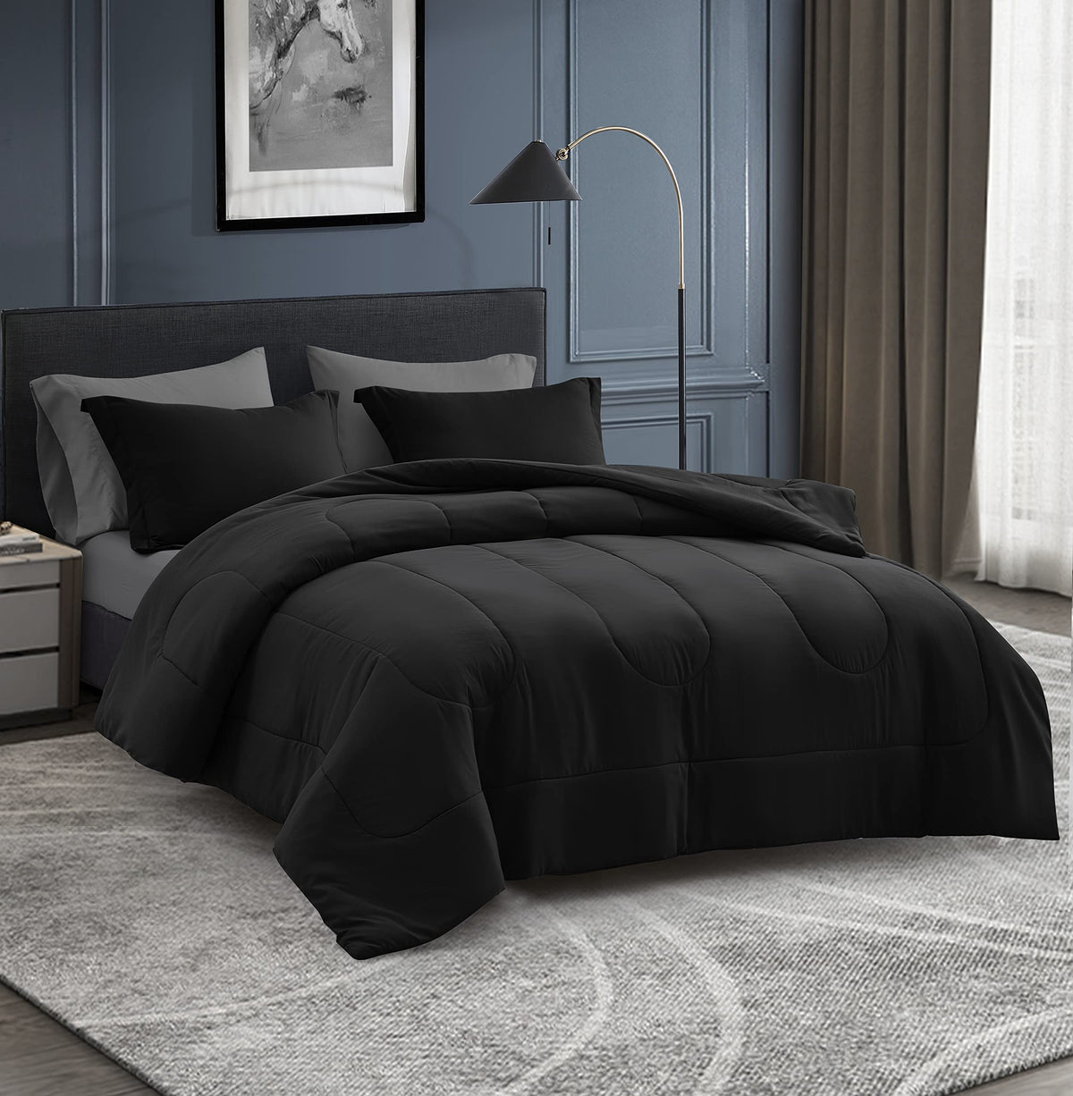 Maple&Stone Double Bed Comforter Set, 7 Pieces Bed in a Bag Double/Full with Comforter, Sheets, Pillowcases & Shams, Bedding Set Double, Black