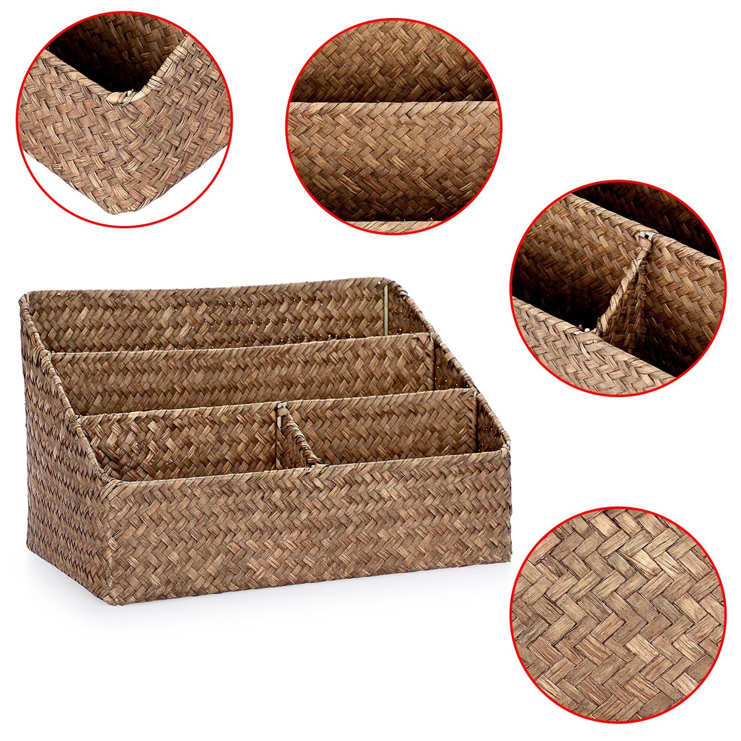 BTSKY Natural Seagrass Desk Organizer, Handmade Woven Wicker Mail Sorters with 4 compartments, Office Supply Caddy Accessories Holder Organizer for School, Home