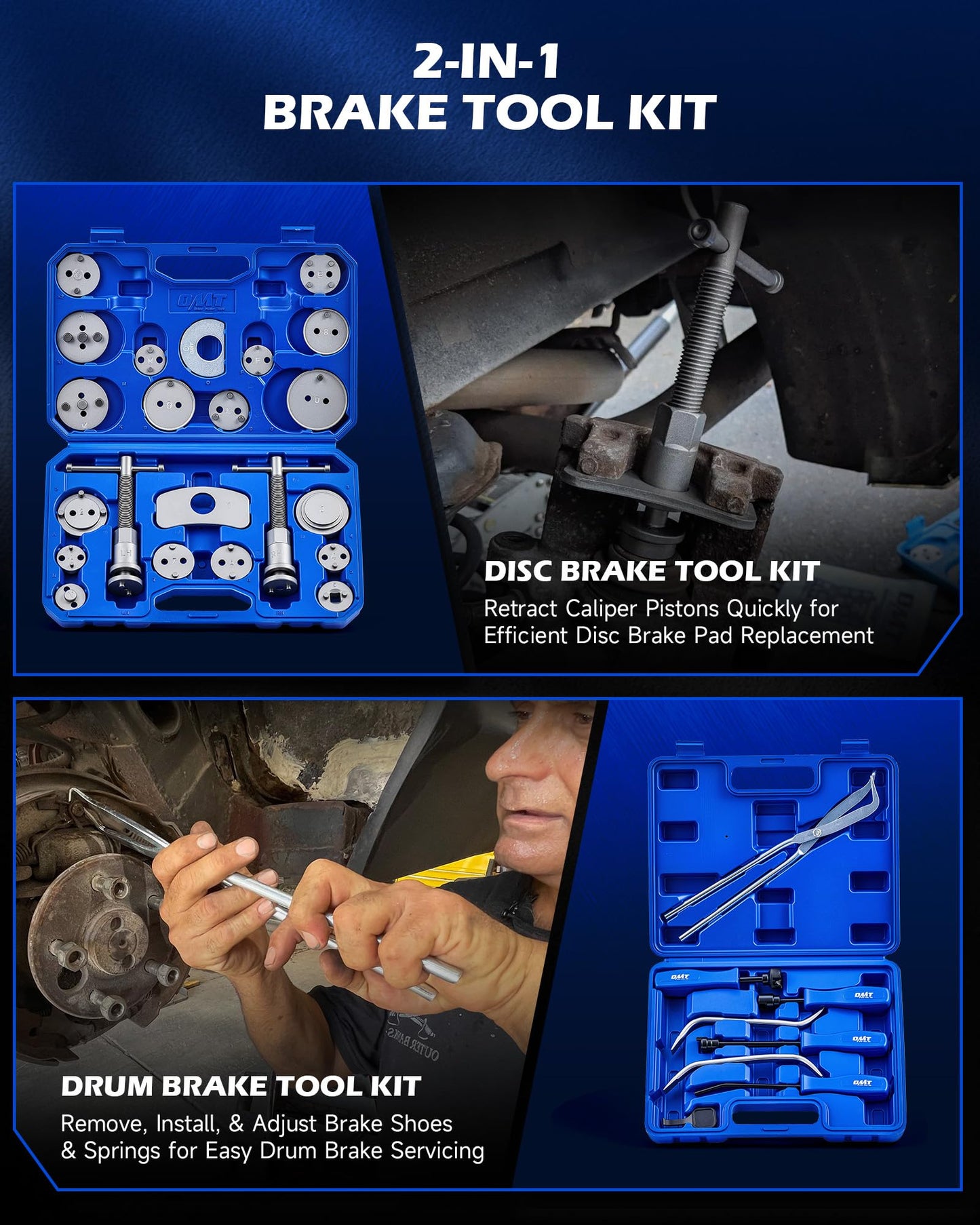 Orion Motor Tech 32pc Dual Brake Tools, 2 in 1 Caliper Compression Tool and Drum Brake Tool Kit, Brake Caliper Tool Kit and Drum Brake Tool with Brake Spring Tool Compressor Pliers Installer Remover
