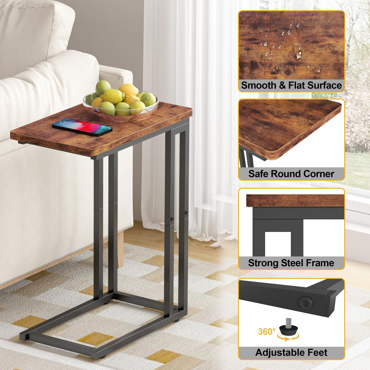 Yusong C Shaped End Table, Couch Side Table that Slide Under Sofa Bed, Small Table for Small Spaces, Skinny Overbed Table, Coffee Drink Snack Table for Living Room, Rustic Brown