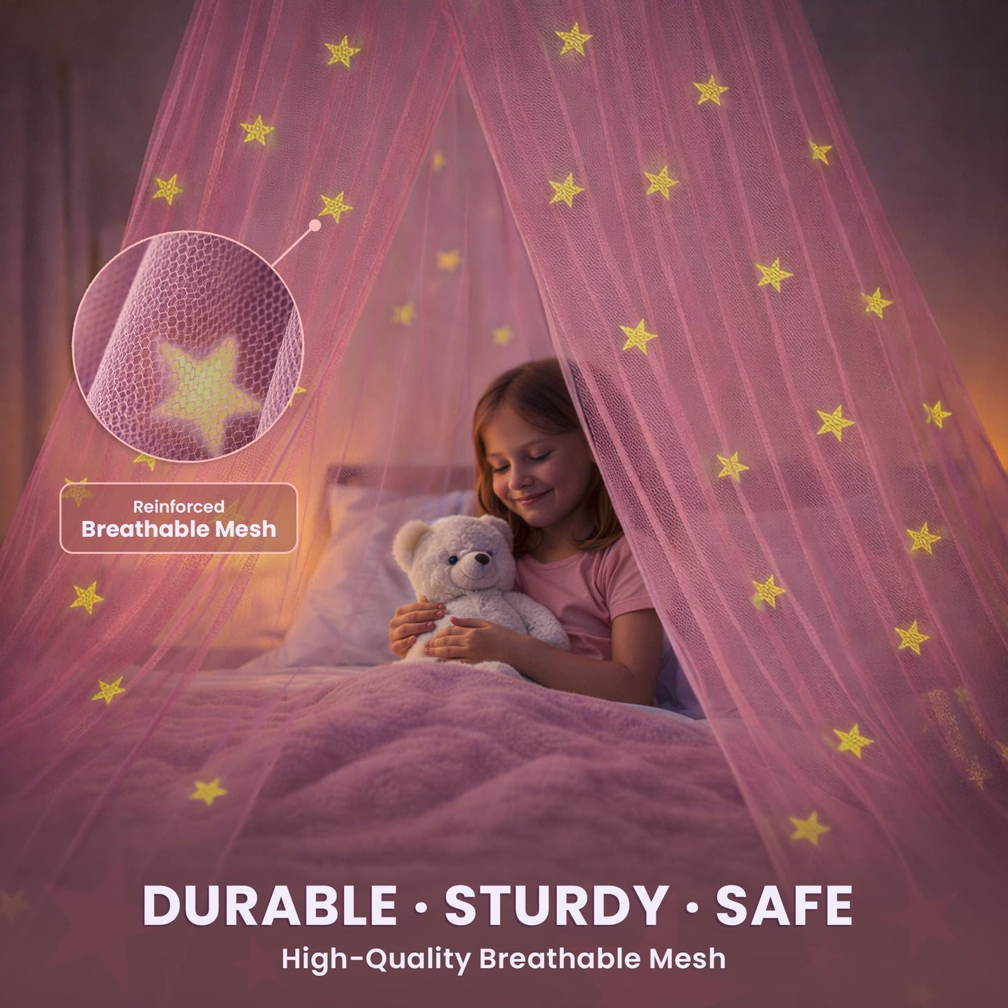 Bed Canopy for Girls with Glowing Stars - Princess Pink Baby Canopy For Bed, Netting Room Decor, Ceiling Tent, Canopy for Crib | Single, Twin, Full, Queen Size Kids Bed Curtains, Fire Retardant Fabric