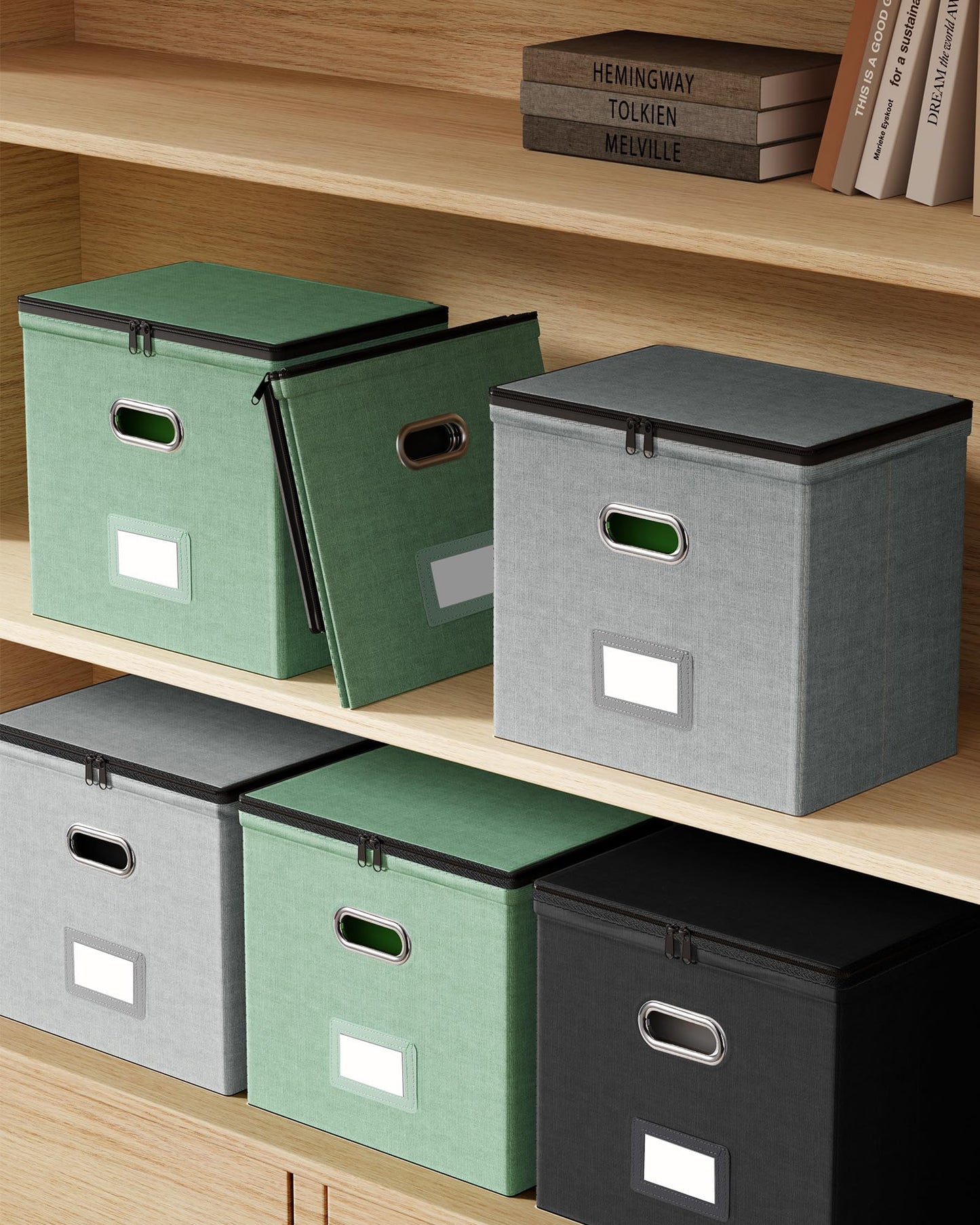 Oterri Zipper File Boxes with Lids, Letter Size File Organizer with Mesh Pockets, Portable Filing Box with Handle, Zippers Document Organizer Storage Box for Office/Home/School (2 Pcs, Black)