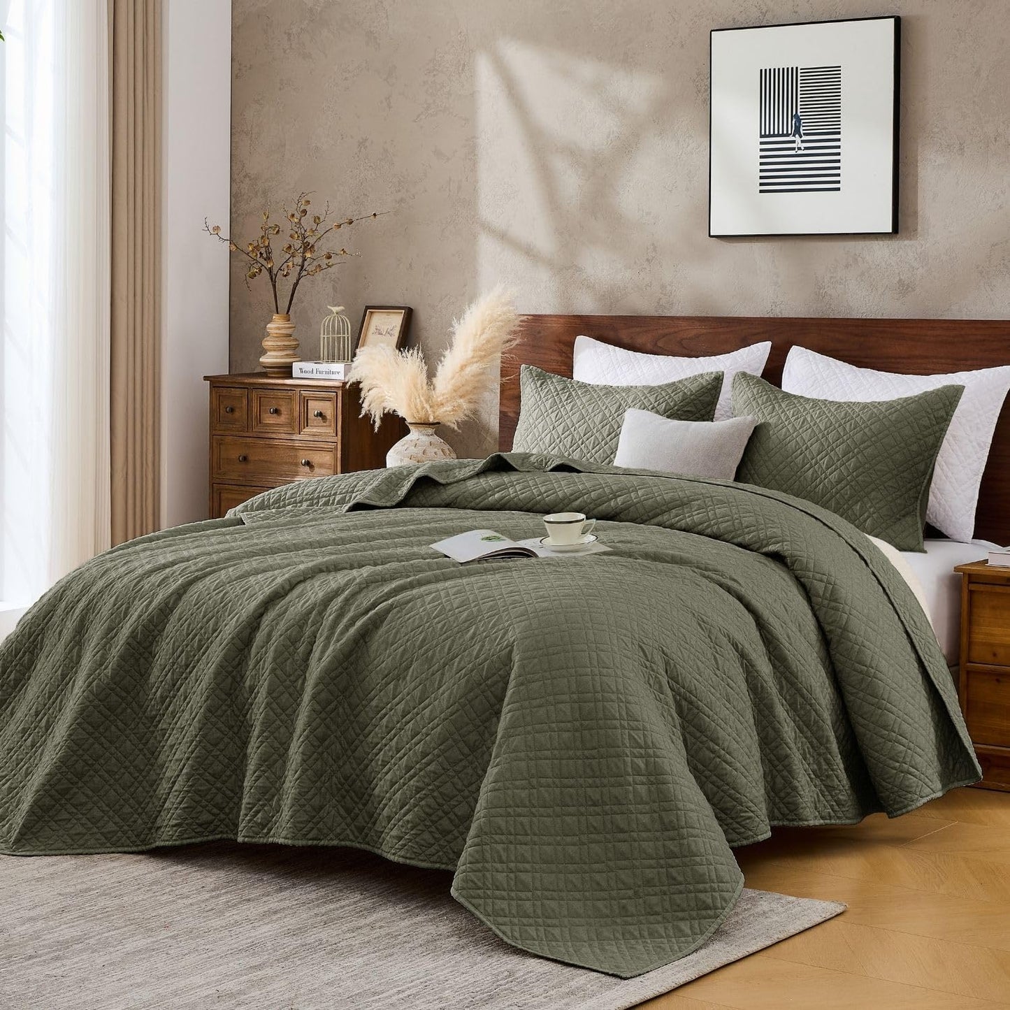 King Quilt Set with Shams Lightweight Quilted Bedspread Coverlet Thin Comforter Bed Cover Vintage Washed Quilted Blanket for All Season, Brushed Microfiber Diamond Stitching, Olive, 104"x92"
