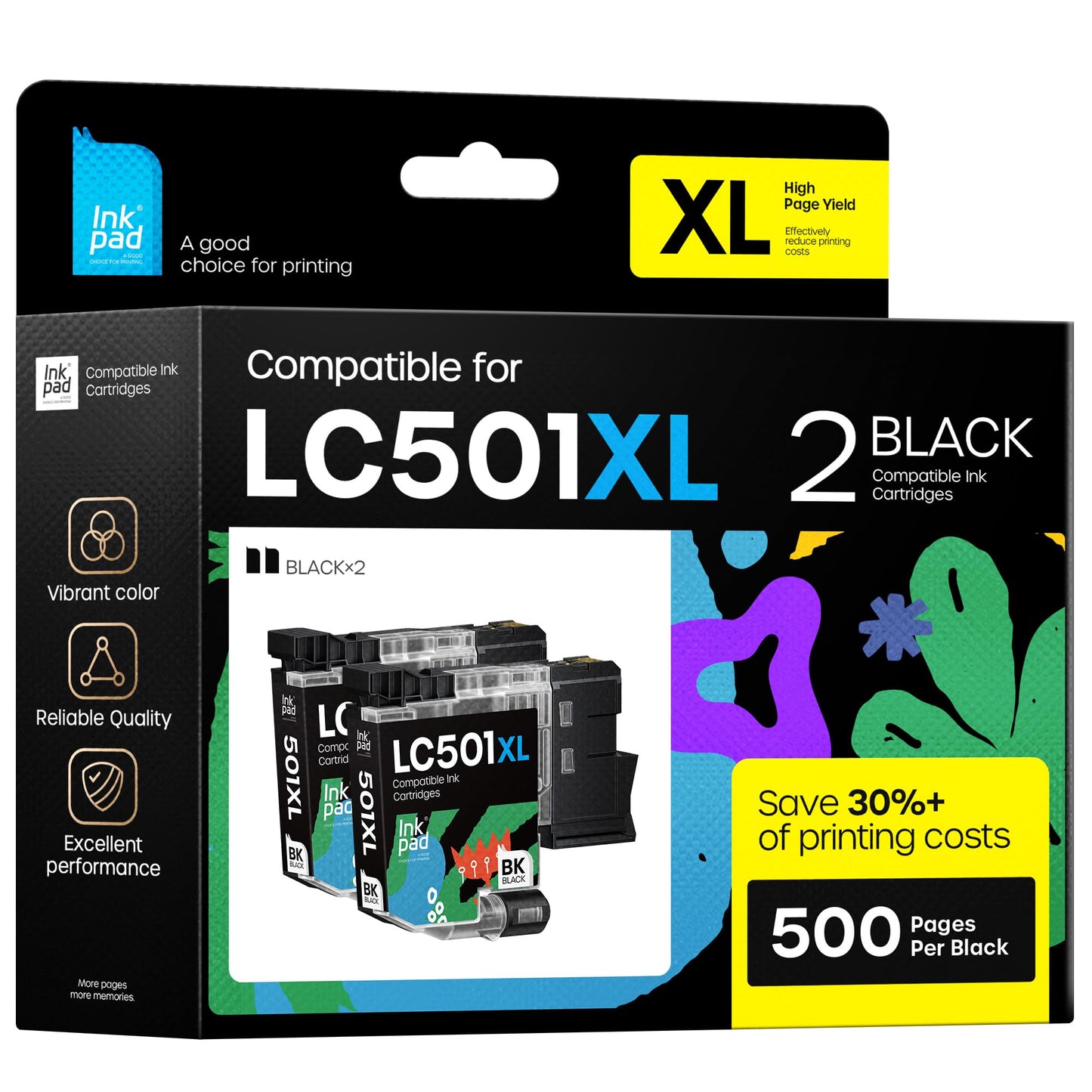 Compatible with LC501XL High Yield Ink Cartridges Compatible for Brother LC501 XL Work for Brother MFC-J1360DW, MFC-J1410DW, MFC-J1260DW Printer 2 Pack, Black