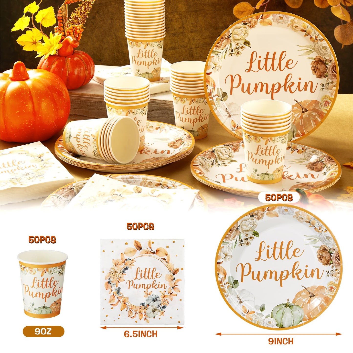 150 Pcs Little Pumpkin Baby Shower Party Decoration Set Serves 50 Fall Disposable Dinnerware Set Dinner Dessert Plates Cups Napkins Autumn Farm Tableware Thanksgiving Party Supplies