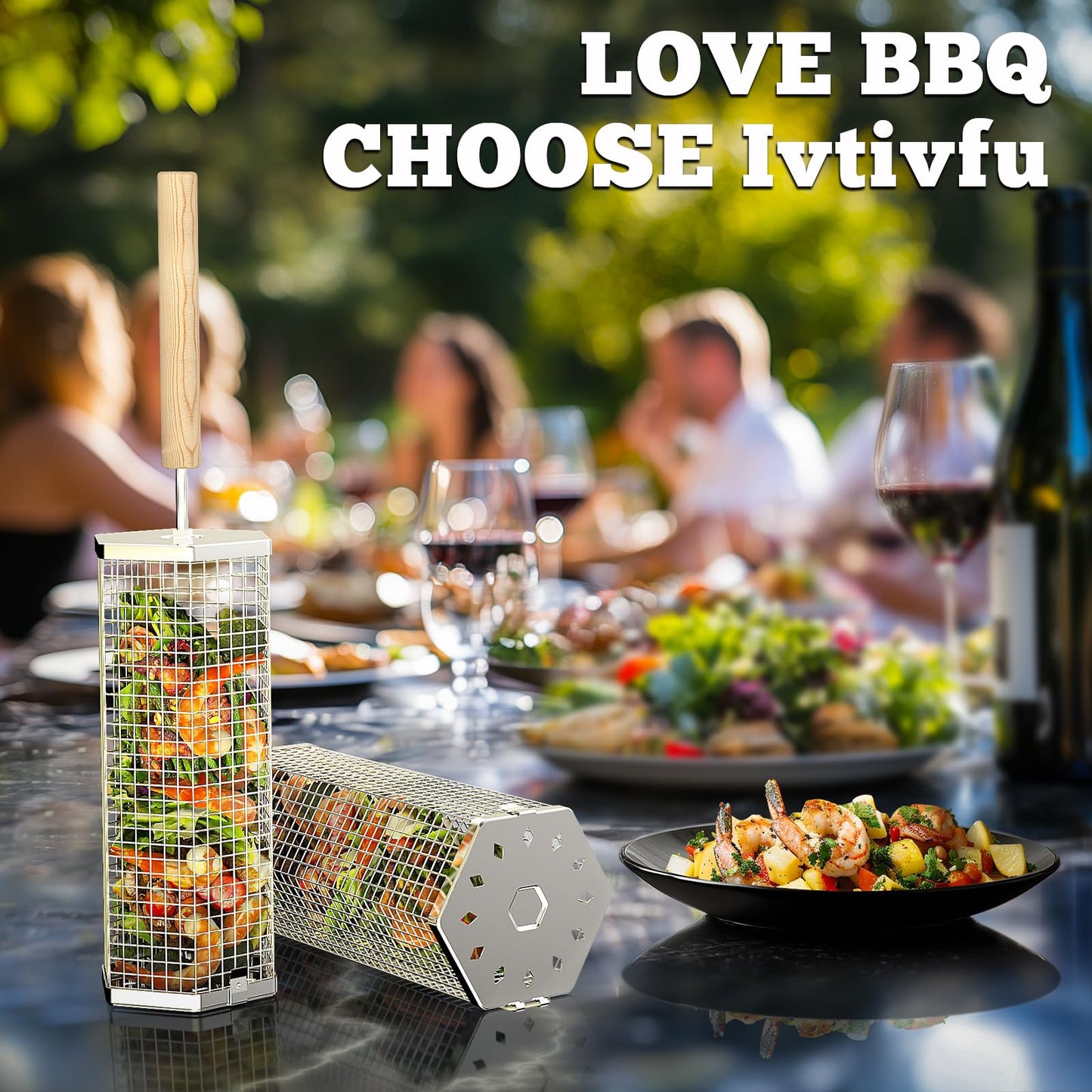 ivtivfu Rolling Grill Basket, Removable Wooden Handle, 304 Stainless Steel, Nesting BBQ Tools, Smoker Grilling Accessories for Vegetable, Outdoor Cooking Camping, Birthday Gifts for Men Dad Husband