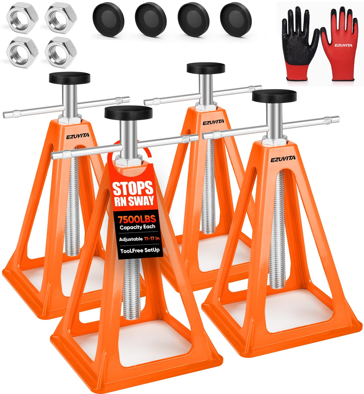 EZUVITA4-Pack RV Stabilizer Jacks – Each Supports Up to 7500 Lbs, Adjustable 11"–17", Heavy Duty Aluminum with Spare Nuts, Rubber Pads & Gloves for Travel Trailer Camper, Motorhome
