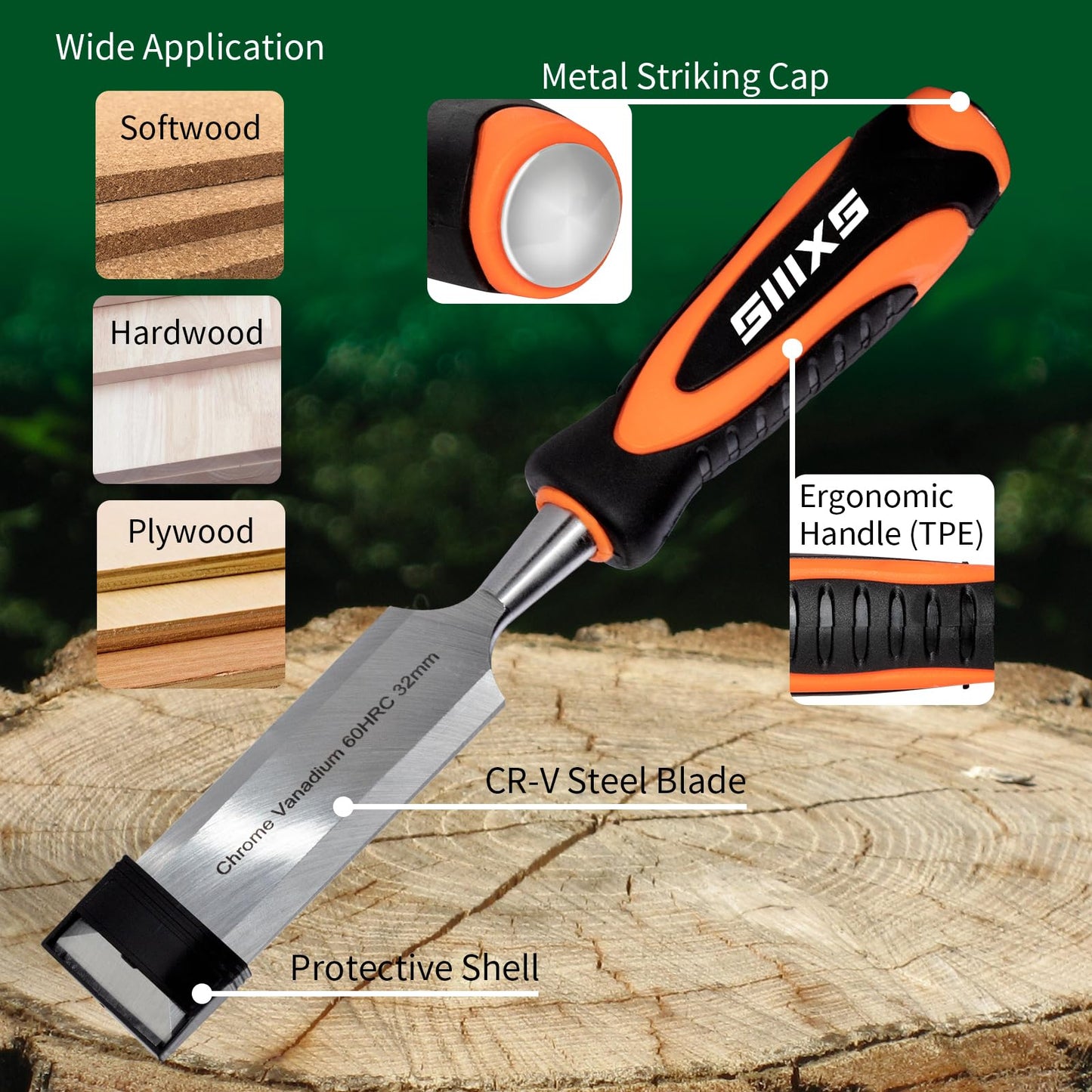 SIIIXS 8pcs Premium Wood Chisel Set, 8pcs Wood Chisel with 1 Honing Guide, 1 Sharpening Stone and 2 Carpenter Pencils