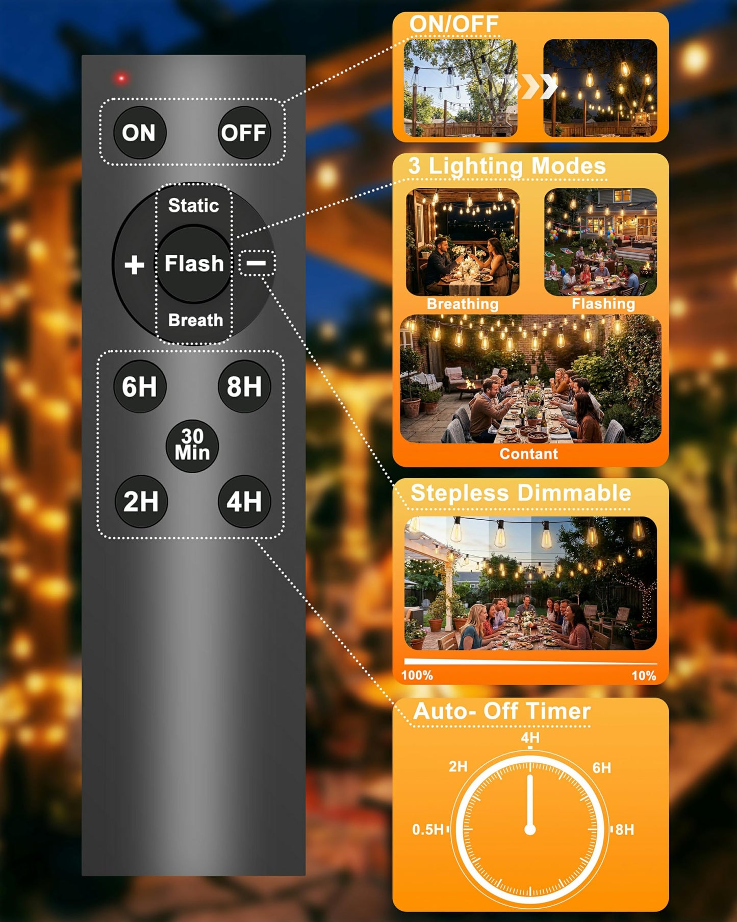 Pesken Solar String Lights Outdoor, Waterproof ST38 LED Patio Lights with Remote & USB Charge, 2700K Dusk to Dawn, Timer & 3 Modes, 54FT Dimmable Solar Powered String Lights for Backyard, Camping