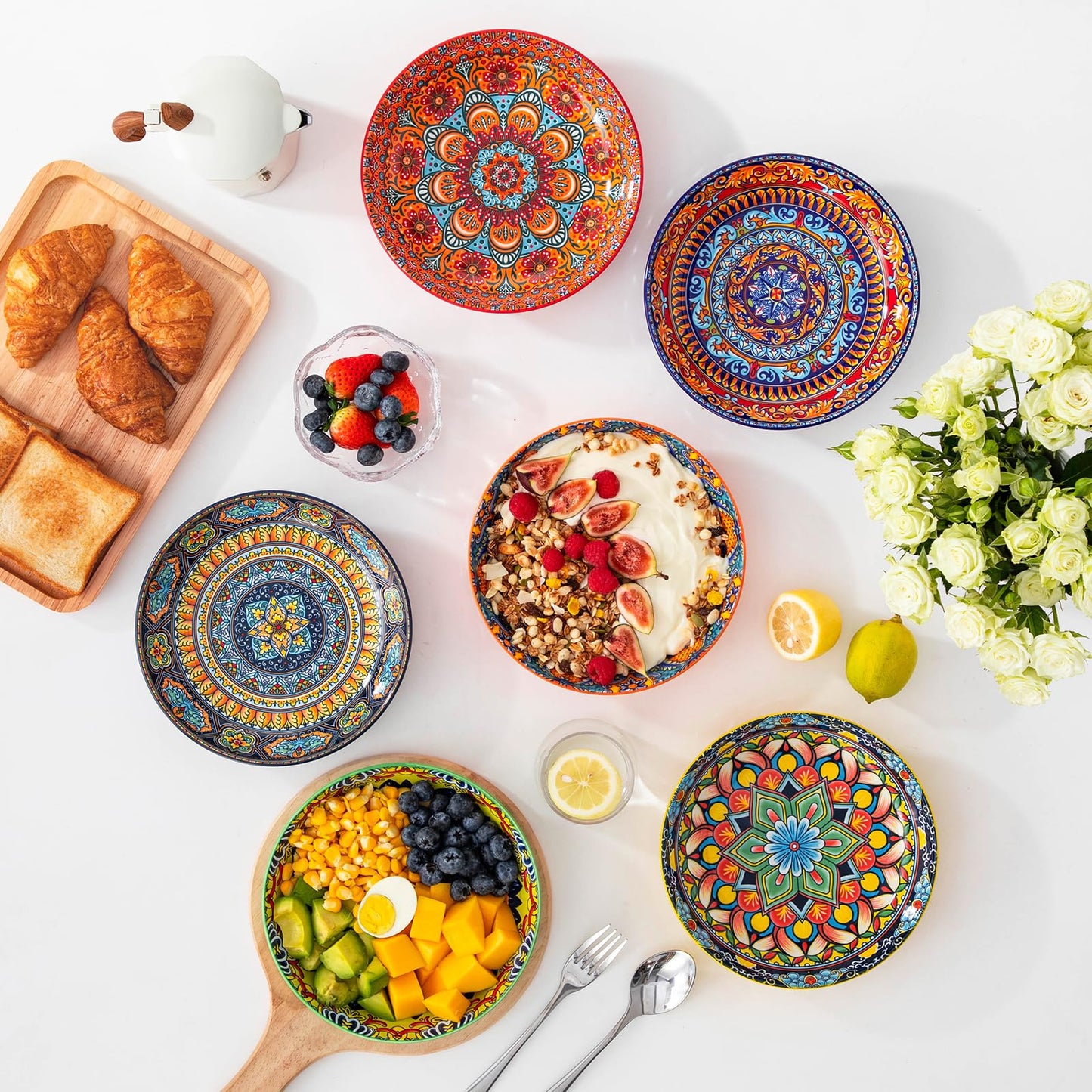 vancasso 32 Oz Pasta Bowls Sets of 6, Ceramic Large Colorful Salad Serving Bowls for Kitchen, Dishwasher & Microwave Safe, Pasta Plates, Dishwasher & Microwave Safe, Series KRVI