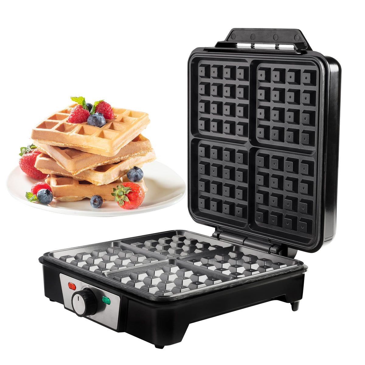 CucinaPro Four Square Belgian Waffle Maker, Extra Large Stainless Steel Kitchen Appliance w Nonstick Waffler Iron Plates Makes 4 Fluffy Waffles, Great Griddle for Family Breakfast or Housewarming Gift