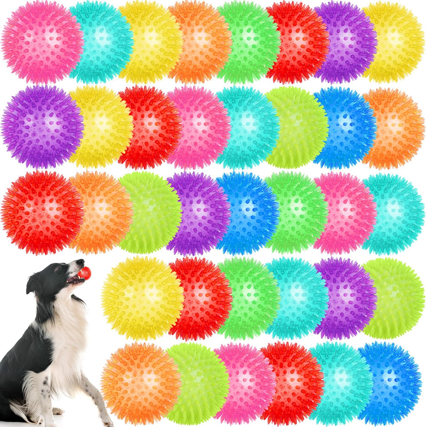 UZLU 36 Pcs 2.5 in Squeaky Dog Toy Balls Spiky Dog Balls Chew Toy for Teething Durable High Bounce TPR Fetch Toy 9 Colors Water Toys for Small Medium Dogs Aggressive Chewers Clean Teeth and Training