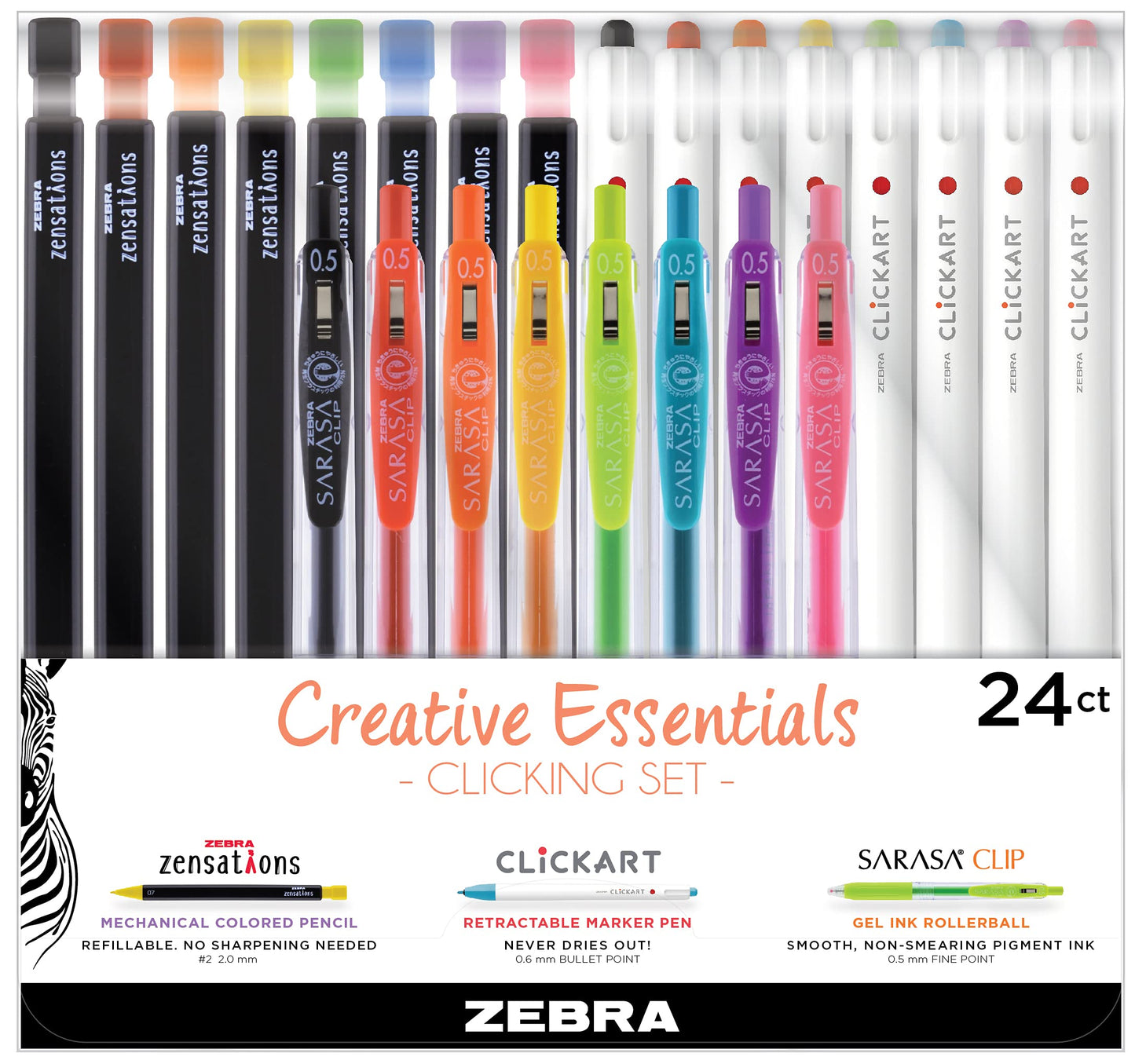 Zebra Pen Creative Essentials Clicking Set 24-Pack, Includes 8 CLiCKART Markers, 8 Coloured Pencils and 8 SARASA Clip Retractable Gel Pens, Assorted Ink Colours, Ideal For Bullet Journaling (76124)