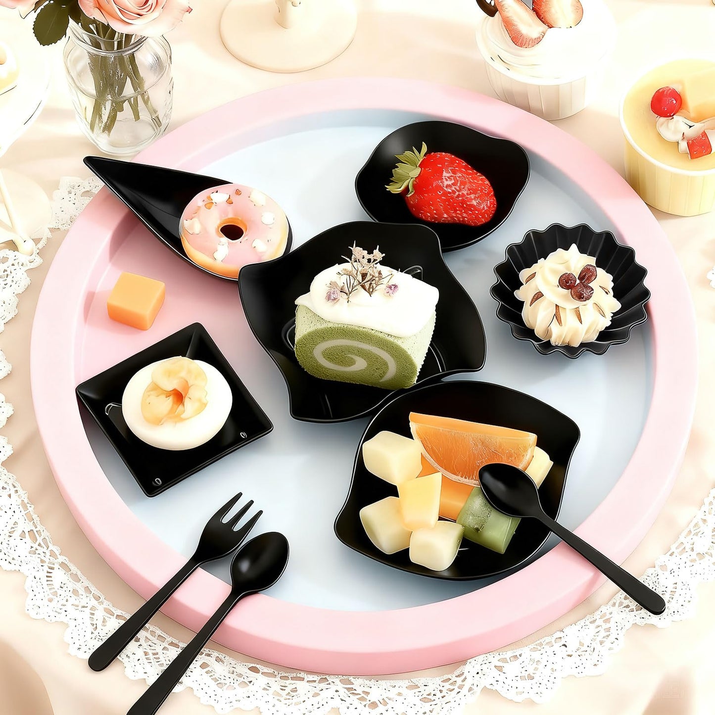 600 Pcs Mini Disposable Appetizer Plates Set, 6 Shapes Plastic Dessert Cups and Spoons, Forks for Parties, Weddings, Buffets, Mousse, Ice Cream, Snacks (Transparent)
