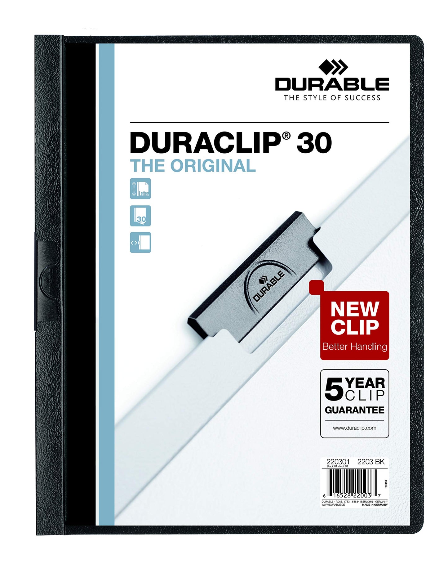 DURABLE Vinyl DURACLIP Report Cover, Letter, Holds up to 30 Pages, Clear/Black, 25 per Box (220301)