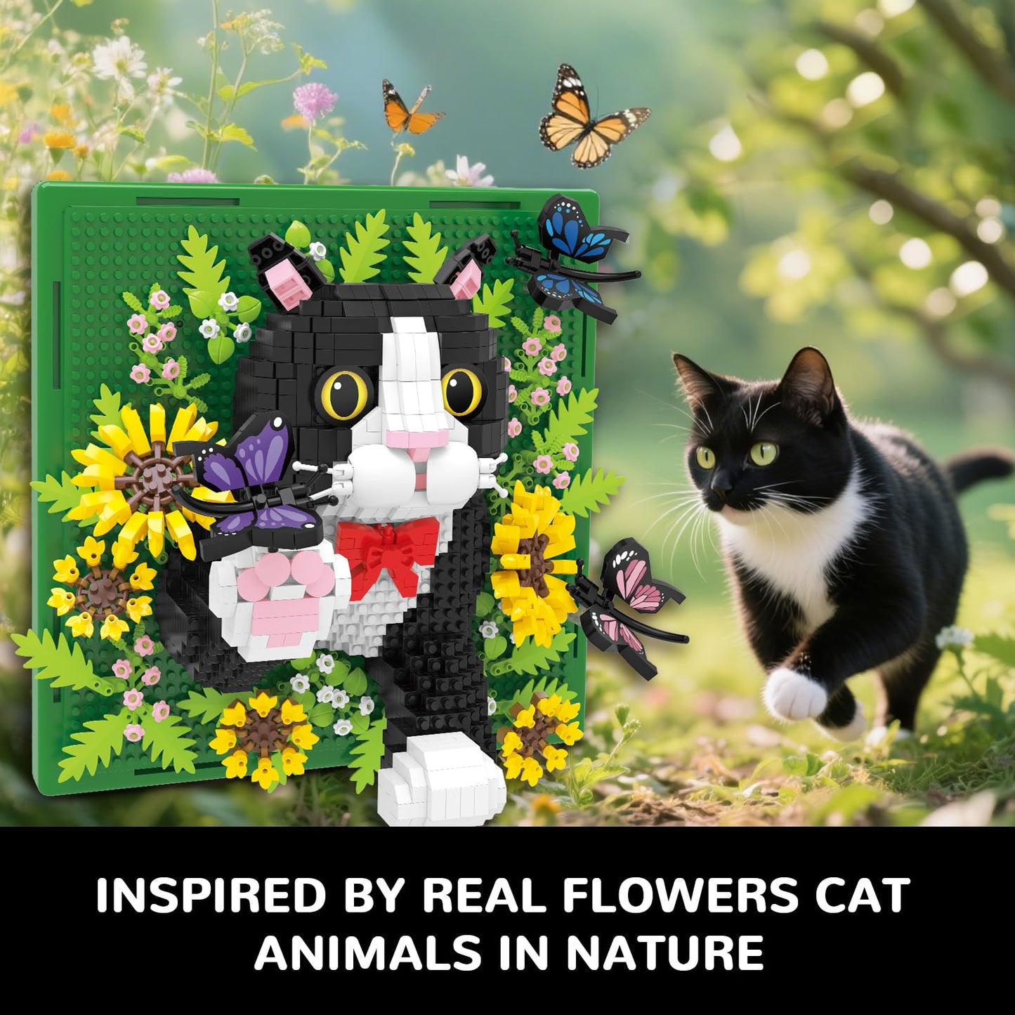 Flowers Tuxedo Cat Animal 3D Wall Art Micro Mini Building Blocks Set, Unique Home Wall Decor or Table Display, No Compatible with Lego, Ideal Gift Toy for Adults & Boys Girls 14+ (1402 PCS)