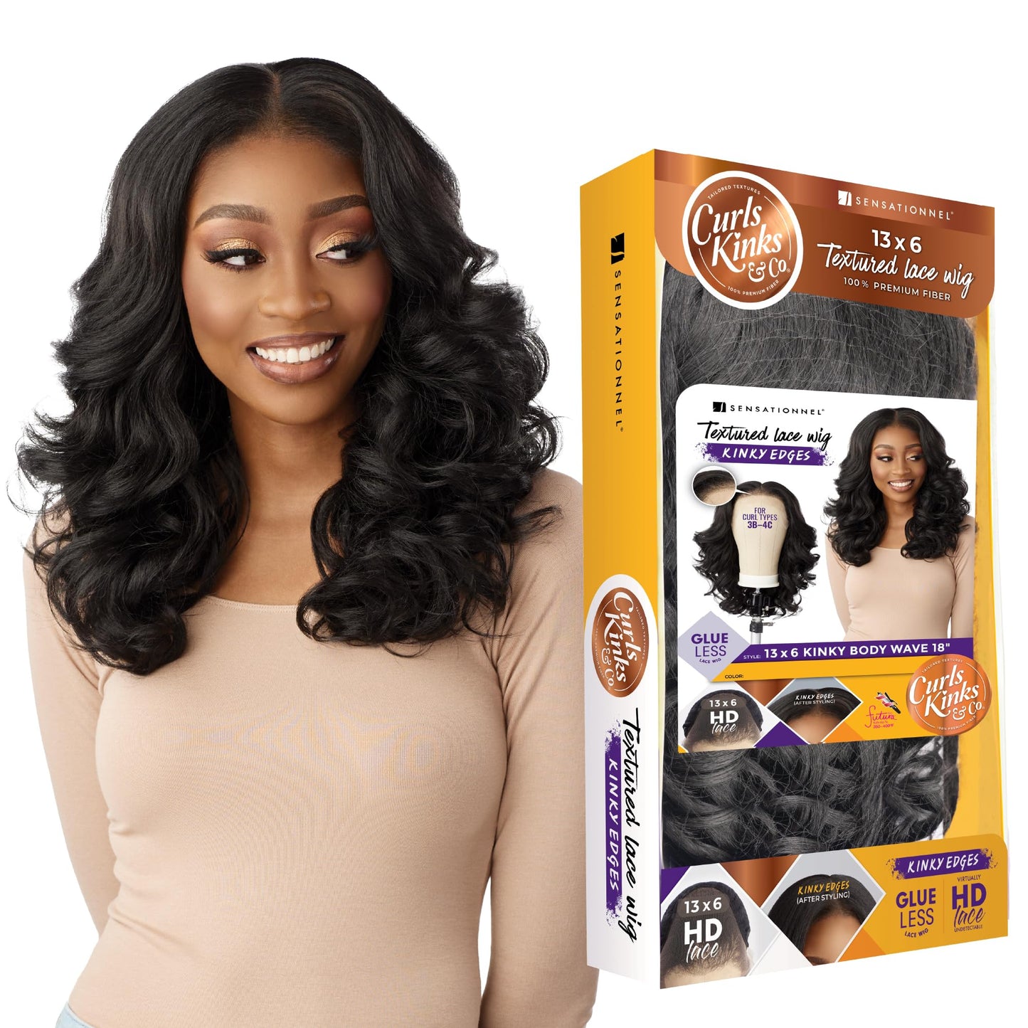 Sensationnel Curls Kinks&Co Synthetic Textured Lace Front Wig - 13X6 Kinky Body Wave 18" (Color:1B OFF BLACK)