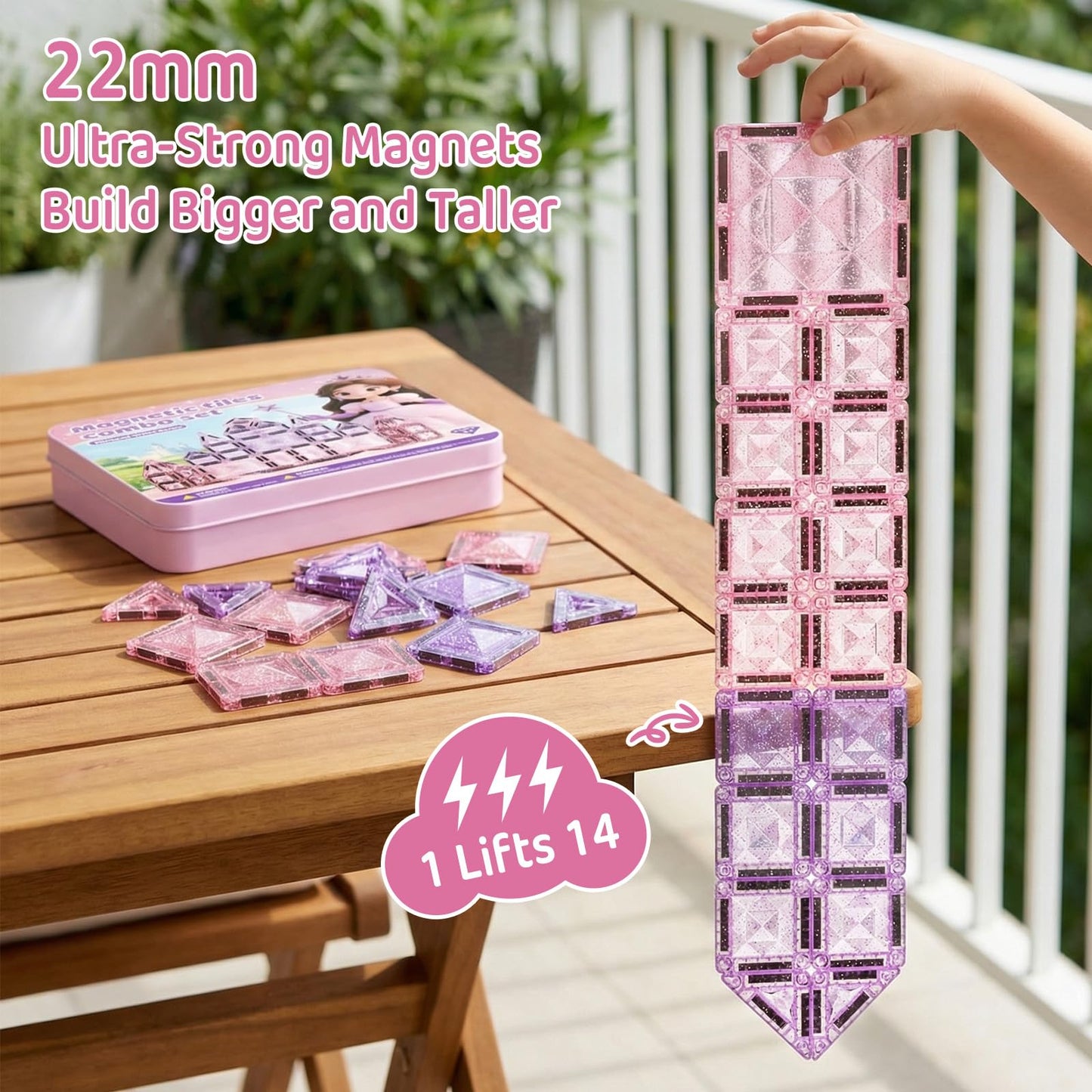 Magnetic Tiles Girls Travel Toy: 42 PCS Pink Glitter Building Blocks Castle Tin Box - 120 Mins Quiet Play 60s Cleanup - Toddler Kids Gift Age 3 4 5 6