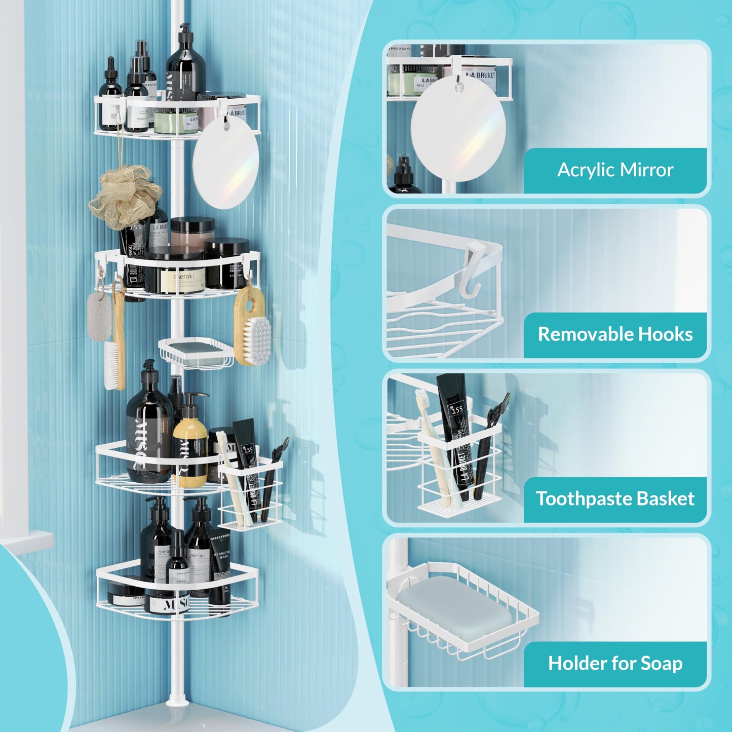 TIMIANO Shower Caddy Tension Pole, 4-Tier Adjustable Corner Shower Standing Caddy, Rustproof Shower Rack for Bathroom Bathtub, with 4 Shelves, No Drilling Shower Shelf for Inside Shower (White)