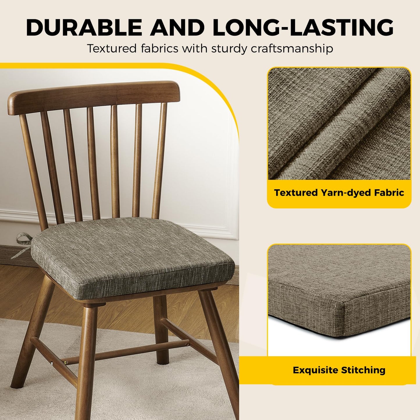 downluxe Indoor Chair Cushions for Dining Chairs, Soft and Comfortable Textured Memory Foam Kitchen Chair Pads with Ties and Non-Slip Backing, 16" x 16" x 2", Khaki, 4 Pack