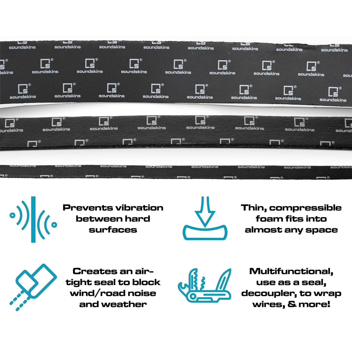 SoundSkins SSK-Tape Closed Cell Acoustic Foam Tape - 10.8sqft. from 4 Rolls (2", 1" 0.5" Wide) - Rattel Reduction and Optimum Durability