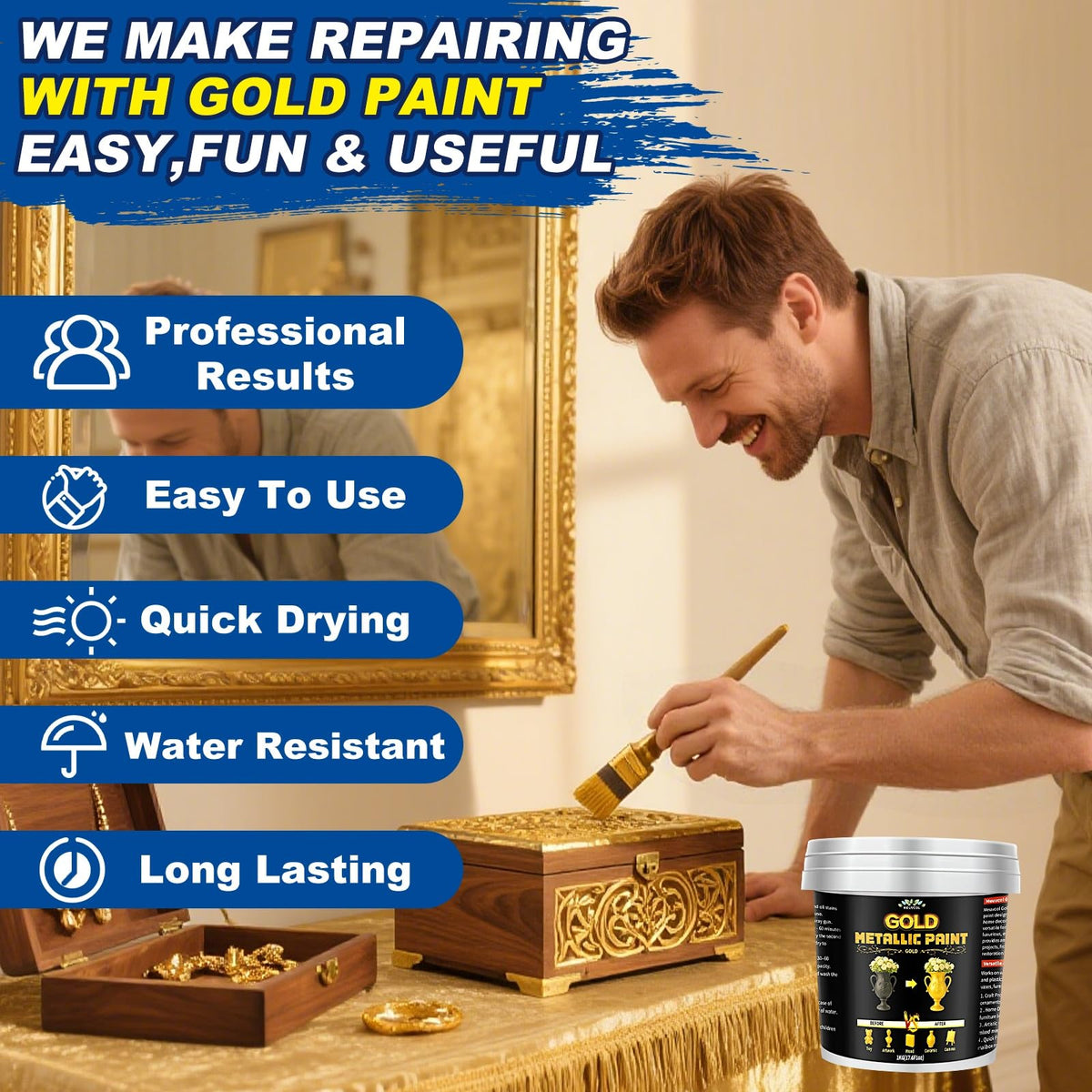 Meuvcol Gold Paint, 35 Floz Metallic Liquid Gold Leaf Paint - Non Toxic Shiny Acrylic Coating for Metal, Wood, Furniture, Clay, DIY Crafts, Artwork & Home Décor