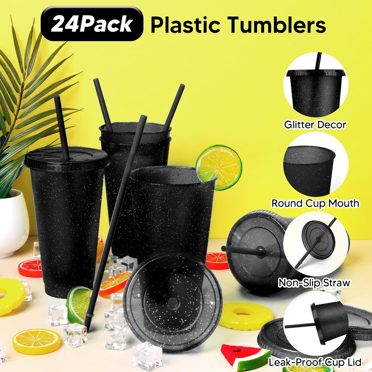 LEIFEOSH 24 Pack Plastic Tumblers with Lids and Straw, Reusable Cups with Lids and Straws Colorful Cups for Cold Drink Iced Coffee, Plastic Tumbler Bulk for Party Birthday Gifts (24 oz, Black)