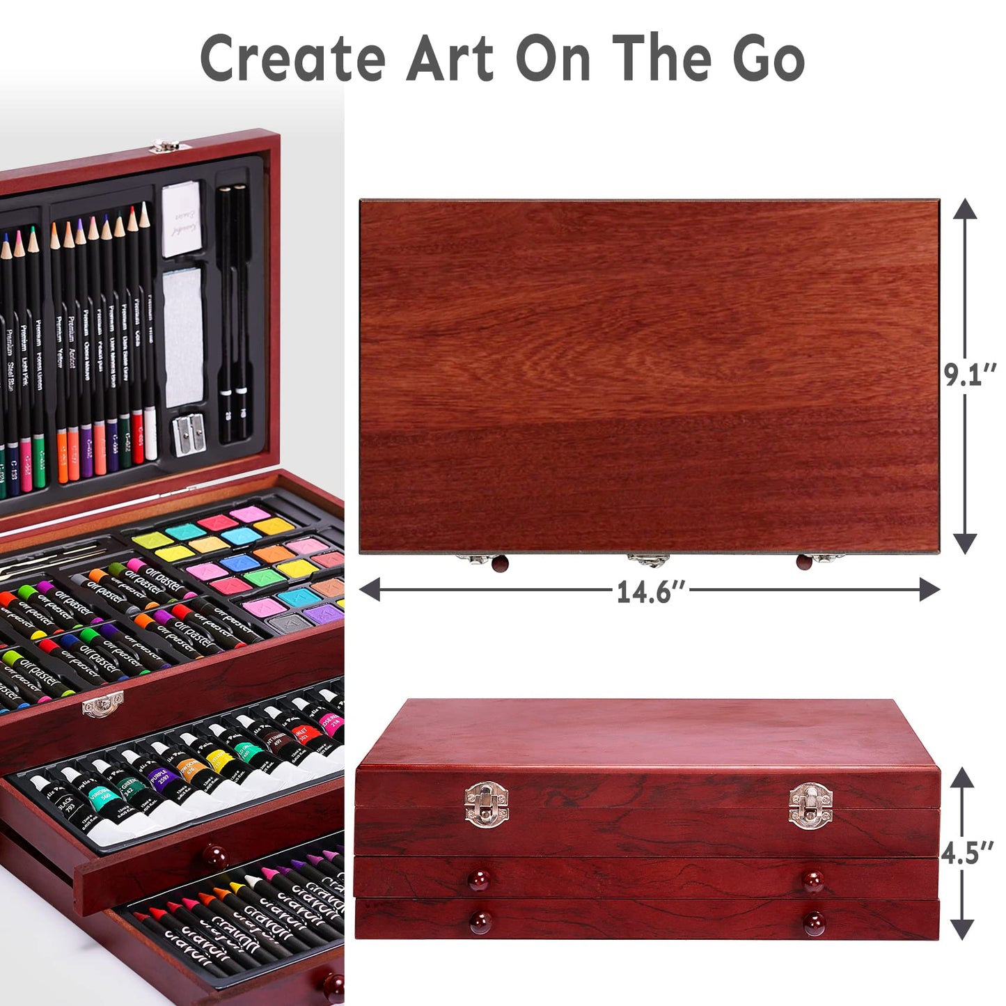 175 Piece Deluxe Art Set with 2 Drawing Pads, Acrylic Paints,Crayons,Colored Pencils,Paint Set in Wooden Case,Professional Art Kit,Art Supplies for Adults,Teens and Artist, Red
