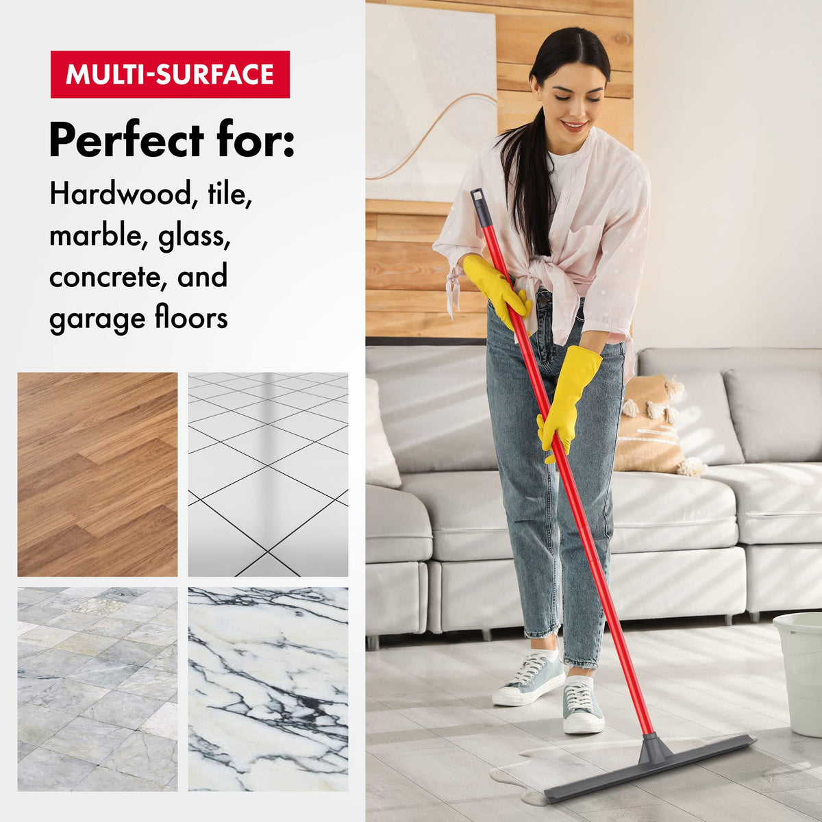 Tyroler Push & Pull Floor Squeegee Heavy Duty | 100% Silicone Squeegee Broom 44CM Head | Aluminum Anti-Rust 4-Piece Handle | Multi-Surface, Hardwood, Marble, Tile, Garage, Indoor/Outdoor Floor Wiper