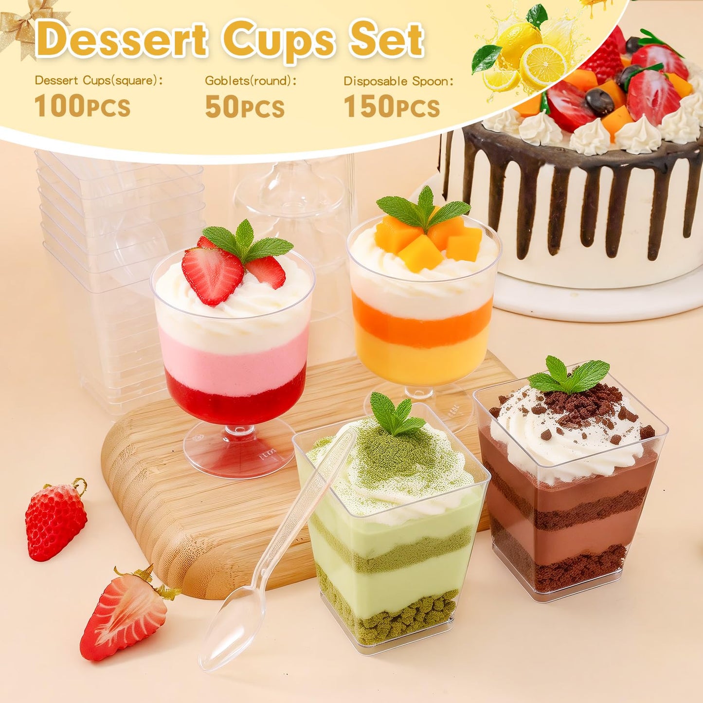 mwellewm 300 Pack Mini Plastic Dessert Cups with Spoons, 5 OZ Square Parfait Glasses for Party, Reusable Fruit Ice Cream Pudding Appetizer Bowls