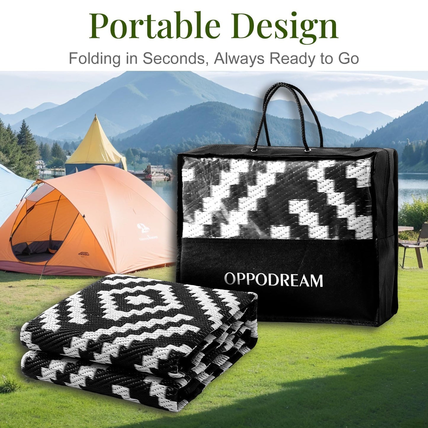 OPPODREAM Outdoor Rug 5x7 Ft, Waterproof Outdoor Plastic Straw Rug for Patio, Reversible Out Door Carpet for Camping, Deck, Rv, 5 x 7 Area Carpet Balcony, Porch, Backyard, Black and White