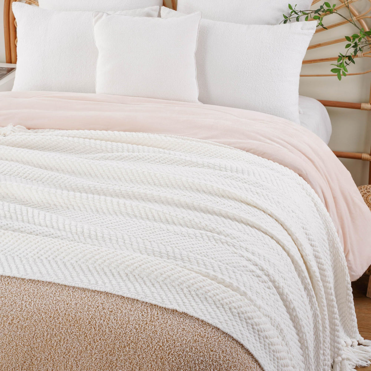 BATTILO HOME Cream Throw Blankets for Couch, Textured Knitted White Throw Blanket with Tassels, Ivory Blanket for Bed Sofa Cover Living Room, Soft Warm Cozy Large Cream Blanket for Home Decor,60"x80"