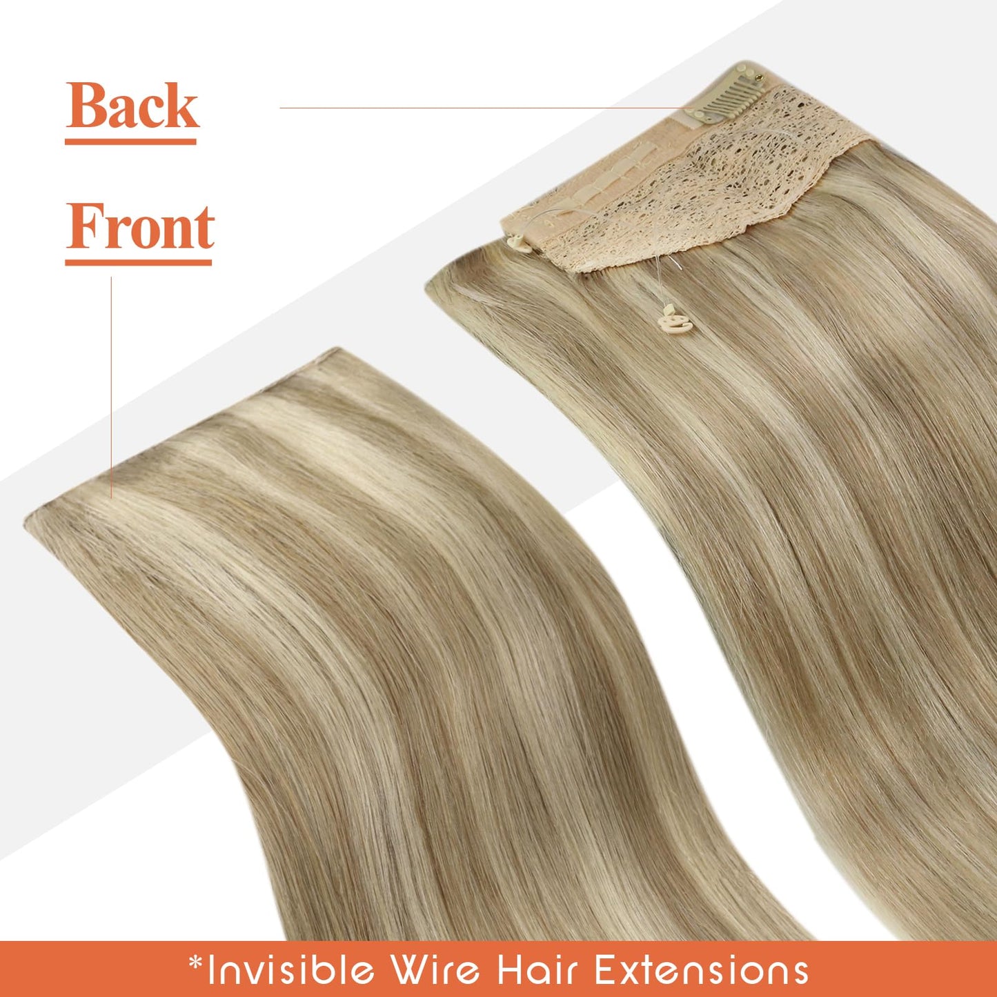 Sunny Hair Wire Hair Extensions Human Hair Invisible Hair Extensions for Women Straight Secret Hidden One Piece Extensions With Adjustable Line Dark Ash Blonde Highlights Golden Blonde 12inch