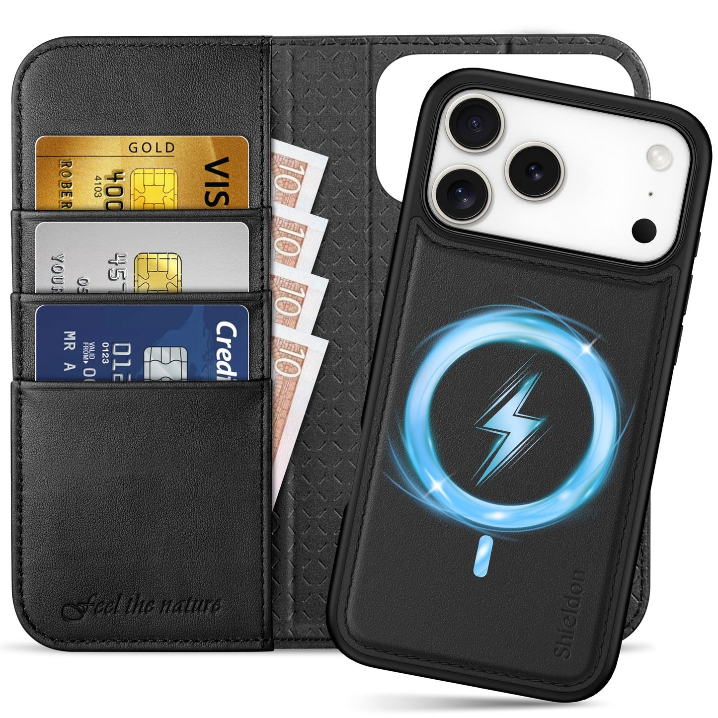 SHIELDON Genuine Leather Detachable Wallet Case for iPhone 17 Pro Max 6.9", Wireless Charging | Removable Cover |Magnetic Kickstand | RFID Blocking | 3 Card Slot 2025 - Nappa Black