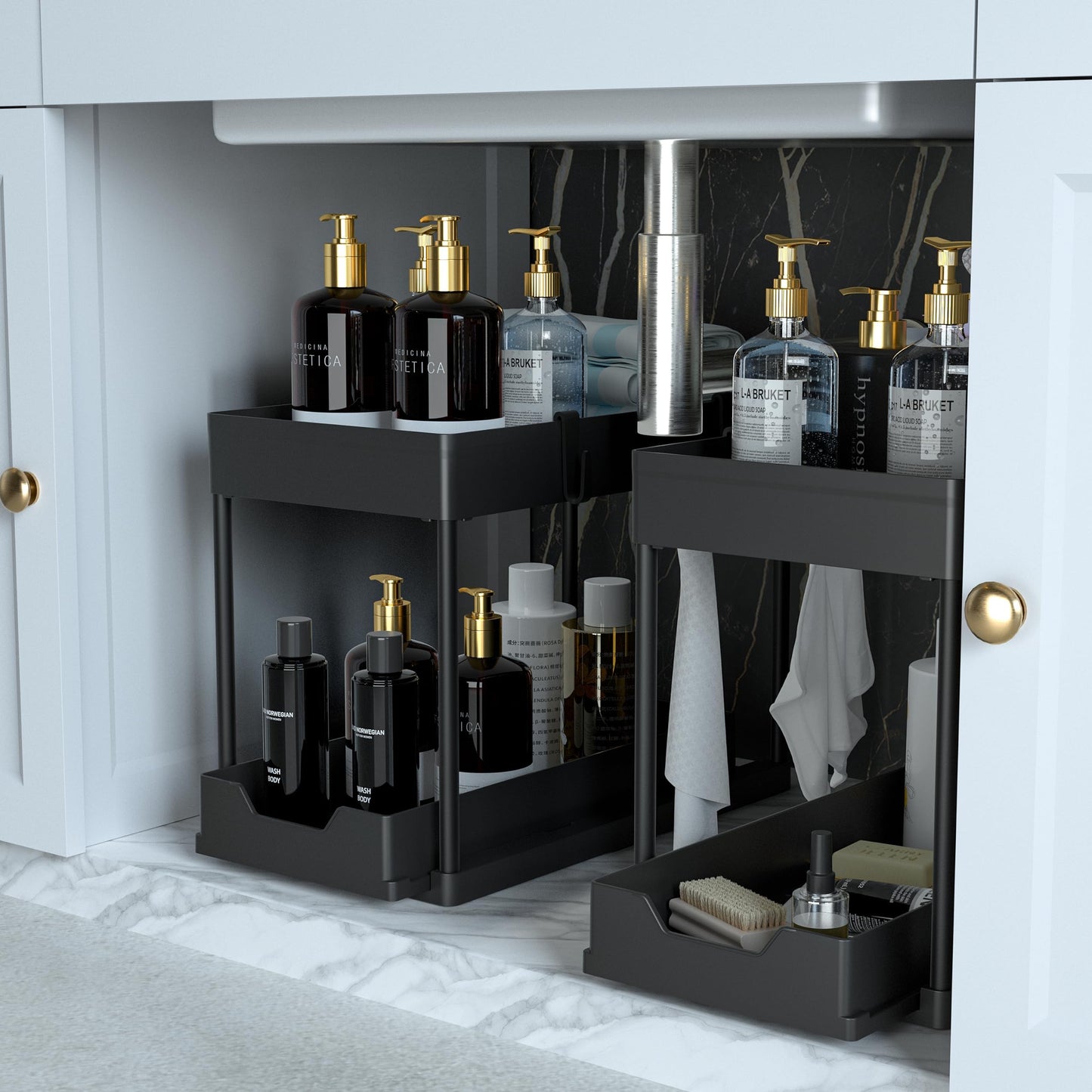2-PACK Under Sink Organizers and Storage with Sliding Drawer, 2-Tier Bathroom Under Sink Shelf Rack,Multi-Functional Cabinet Storage Space Saver For Kitchen/Bathroom/Bedroom/Office.