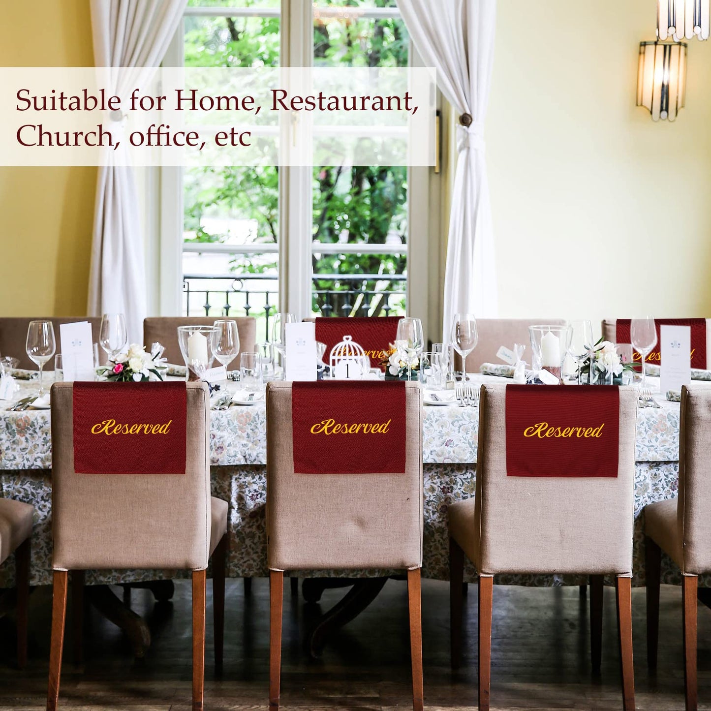 Tatuo 12 Pieces Reserved Seating Signs - 22 Inch Cloth Placeholders for Church Pews, Restaurant, Wedding, Meeting and Event Parties (Burgundy and Gold)