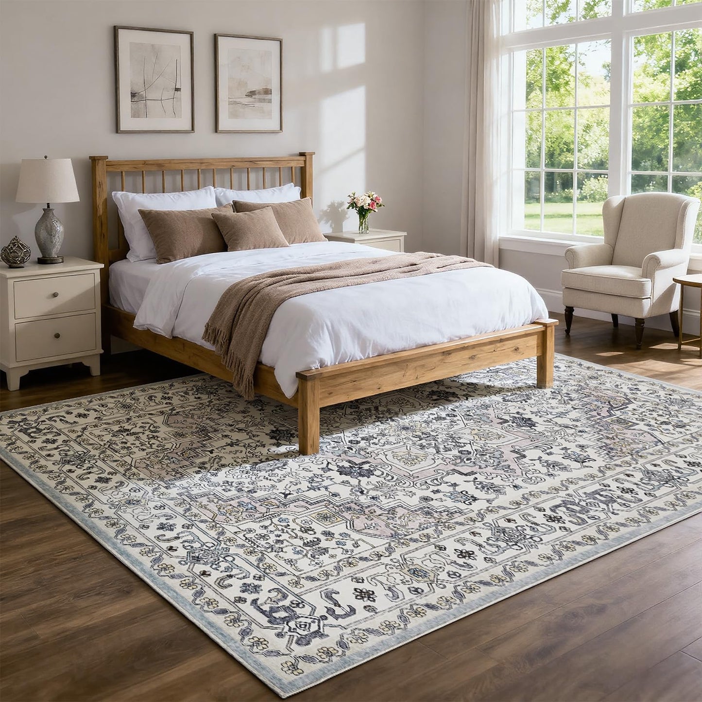 Washable 6X9 Area Rugs for Living Room, Soft Low Pile Vintage Rugs with Non Slip Rubber Backing, Boho Large Carpet for Bedroom Dining Room, Farmhouse, Nursery, Home Office.