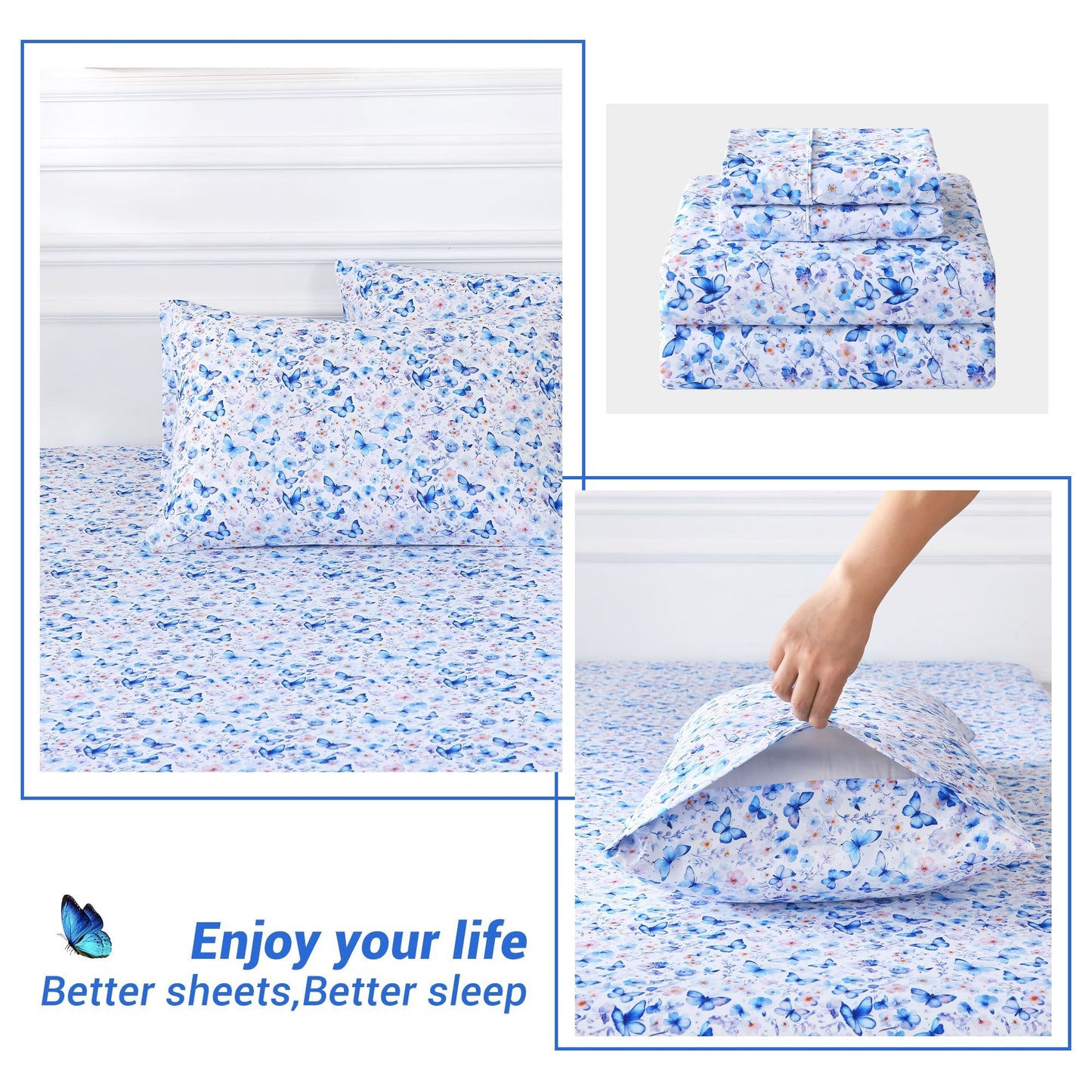 Softan Queen Floral Sheets, Microfiber Blue Flower Printed Fitted Sheets with Non-Slip Straps and 15" Deep Pocket, Butterfly Patterned Cozy Bed Sheets Queen, Buttertfly Sheets & Pillowcase Sets