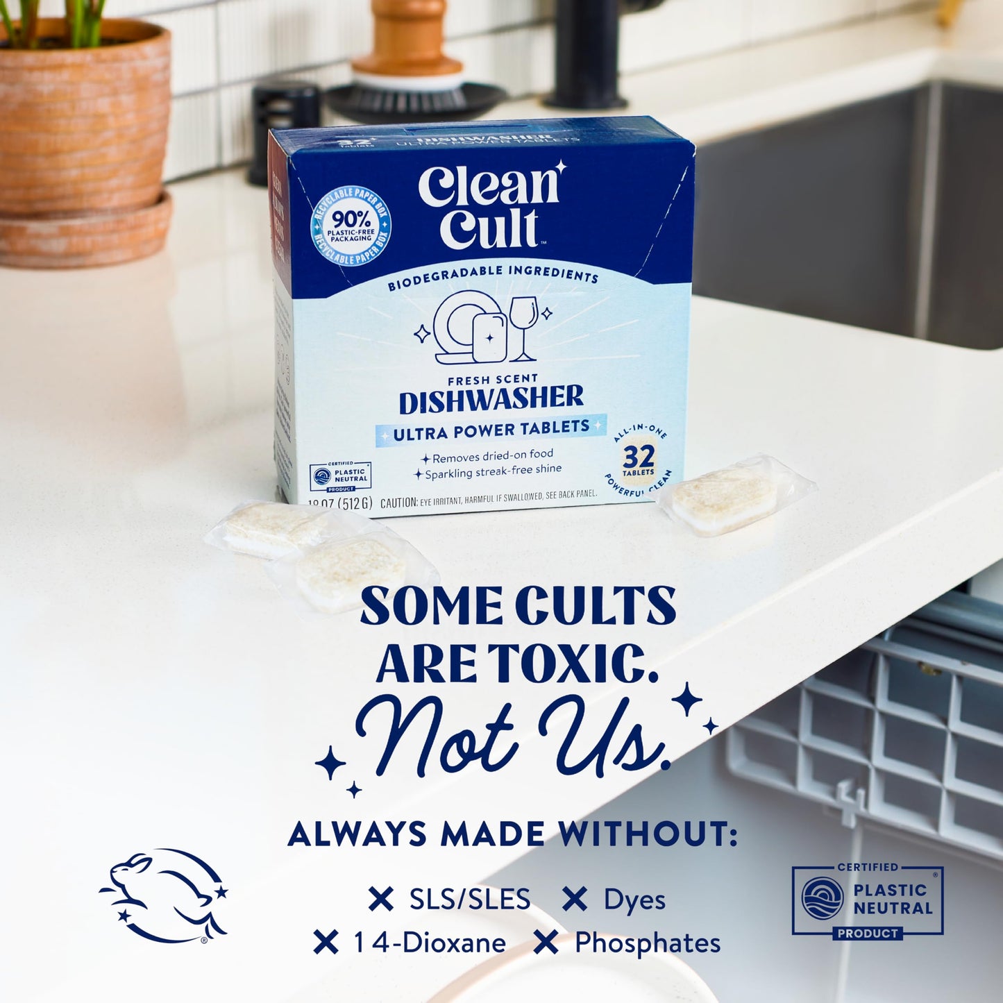 Cleancult Dishwasher Pods, 32 count, Lemongrass Scent, Biodegradable Detergent Tablets, Cruelty Free Tabs