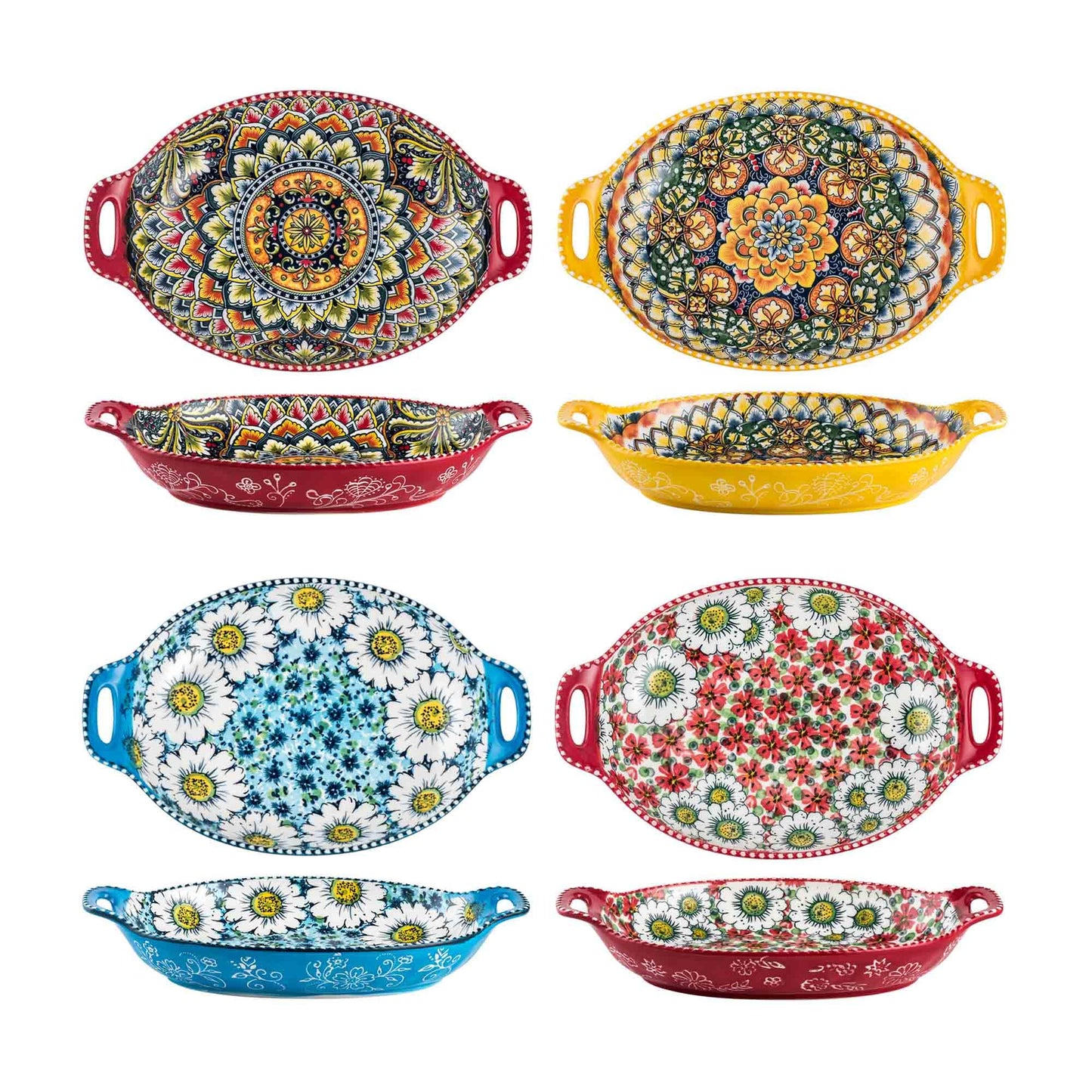 Henten Home Ceramic Pasta Bowls with Handle, Porcelain Floral Salad Bowls Set of 4, 32 oz Large Bohemia Serving Dish, Colorful Dinnerware Set, Microwave & Dishwasher Safe