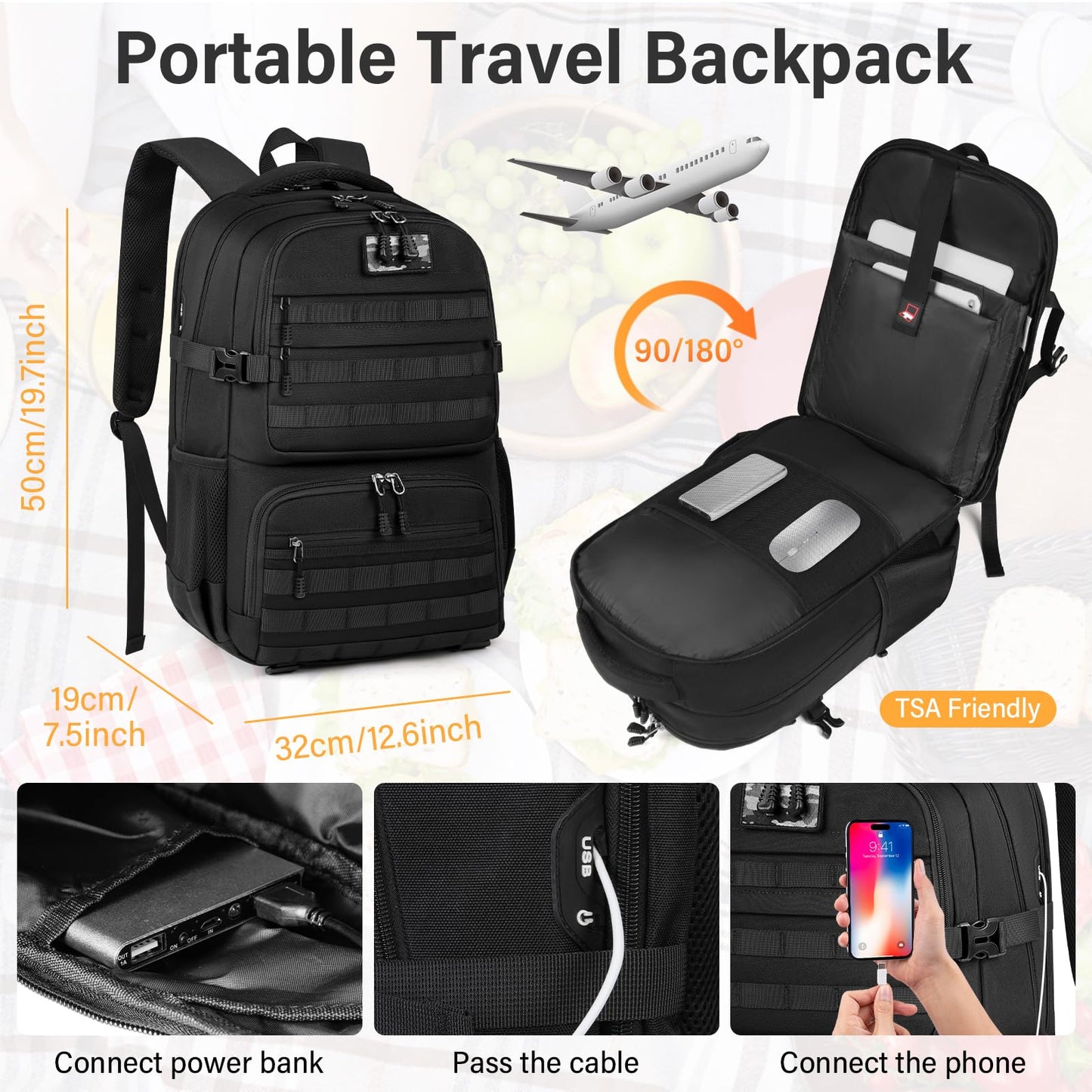 Lunch Backpack for Men & Women 17.3 Inch Laptop Backpack with USB Charging Port Waterproof Tactical Work Backpack with Insulated Lunch Bag for Travel, College, Business with MOLLE Design, Black