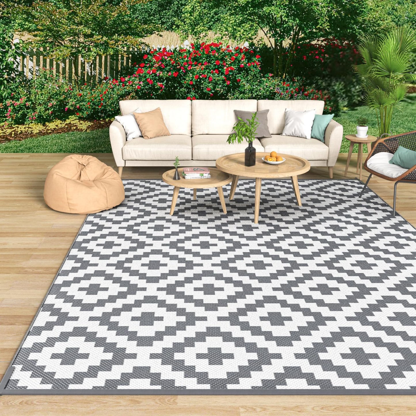 Mokani Reversible Large Outdoor Rug 8x10ft Waterproof, Geometric Anti-Slip Plastic Straw Outdoor Carpet Mat, UV Resistant Patio Rugs for Garden, RV, Deck, Camping, Picnic