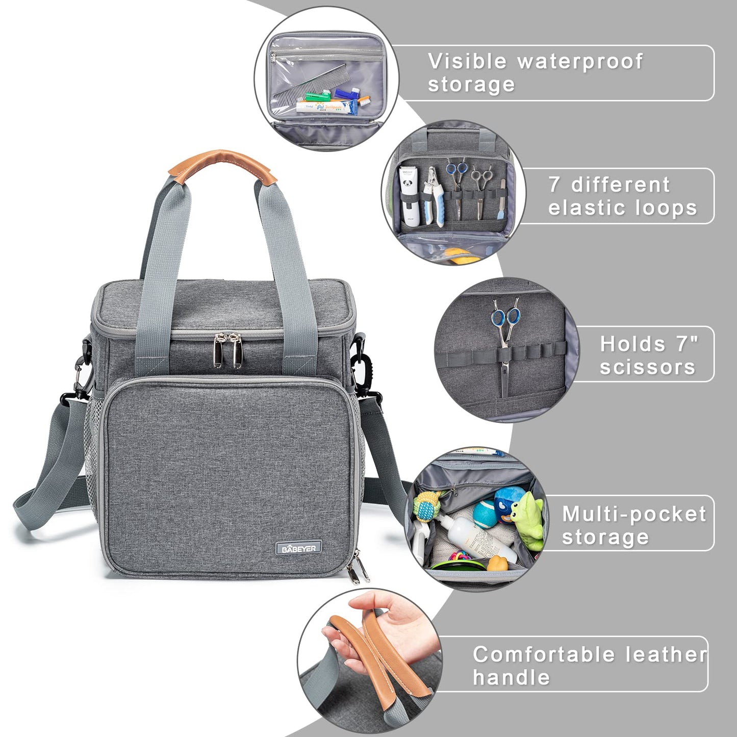 BABEYER Pet Grooming Bag, Dog Grooming Supplies Organizer Tote Bag, Perfect for Pet Grooming Tool Kit Accessories-Grey