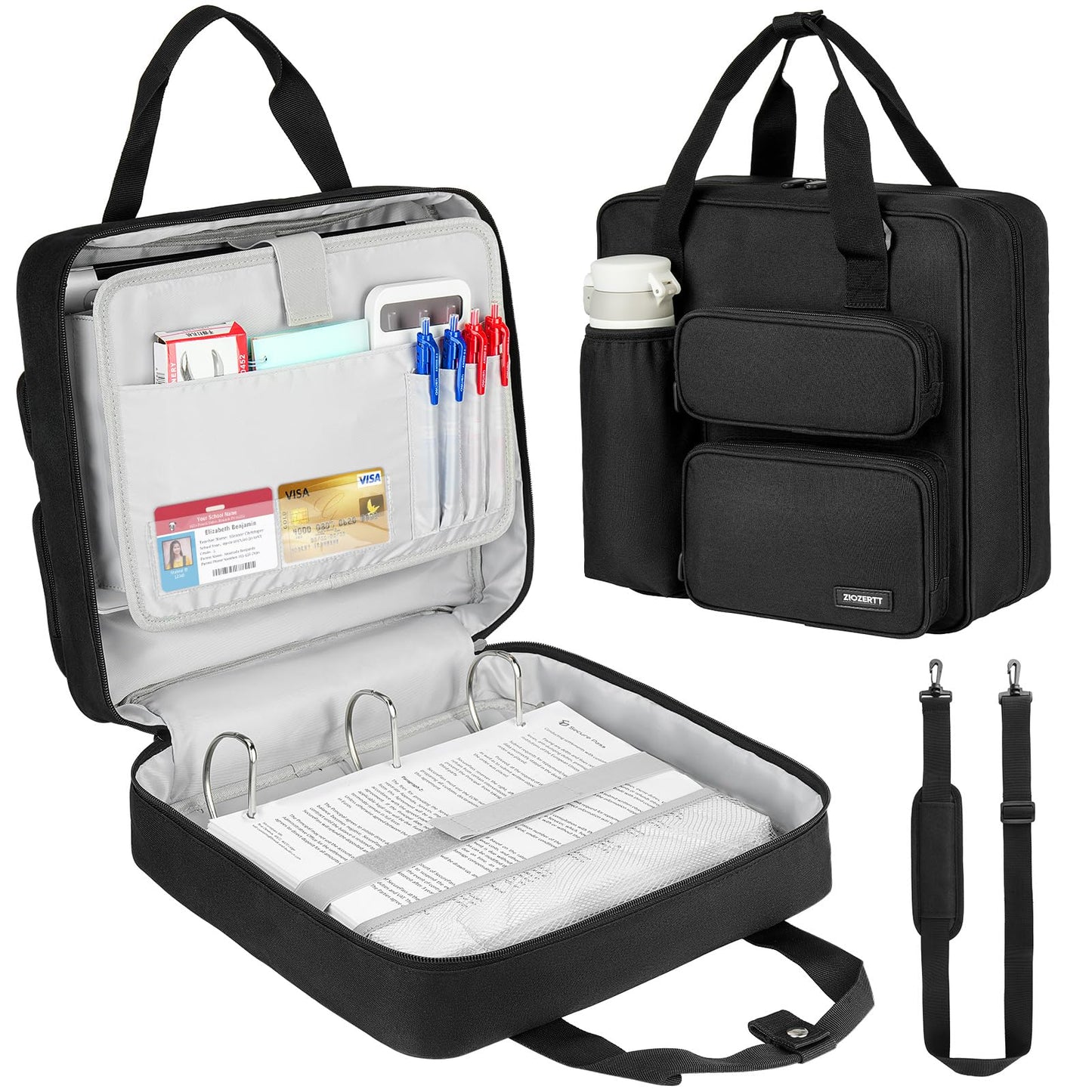 ZIOZERTT Zipper Binder 3 Ring, 700 Sheets Capacity, Binder 3 Inch with Shoulder Strap Fits 13 Inch Laptop for School and Office,Black