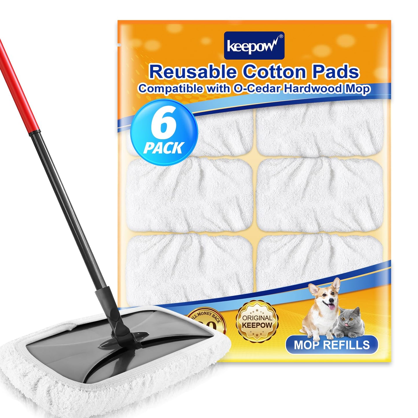 KEEPOW Reusable Mop Pads Compatible with O Cedar Hardwood Floor'N More Microfiber Mop, Mop Refill Heads Replacements for Wet and Dry Use, 15x8 Inch, 6 Pack