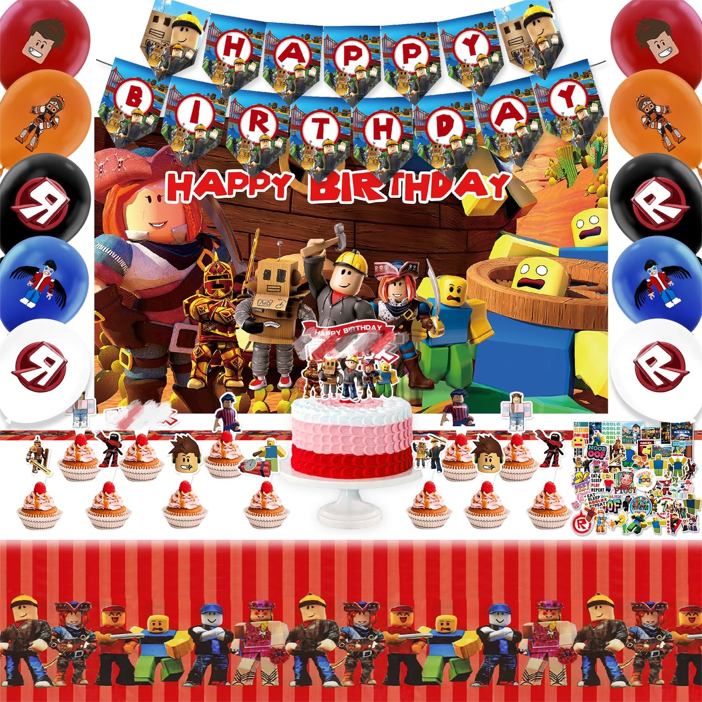95PCS Birthday Party Decorations, Cartoon Theme Party Supplies Include Background Cloth, Banner, Stickers, Balloons, Cupcake Toppers, Tablecloth for Kids Birthday Party