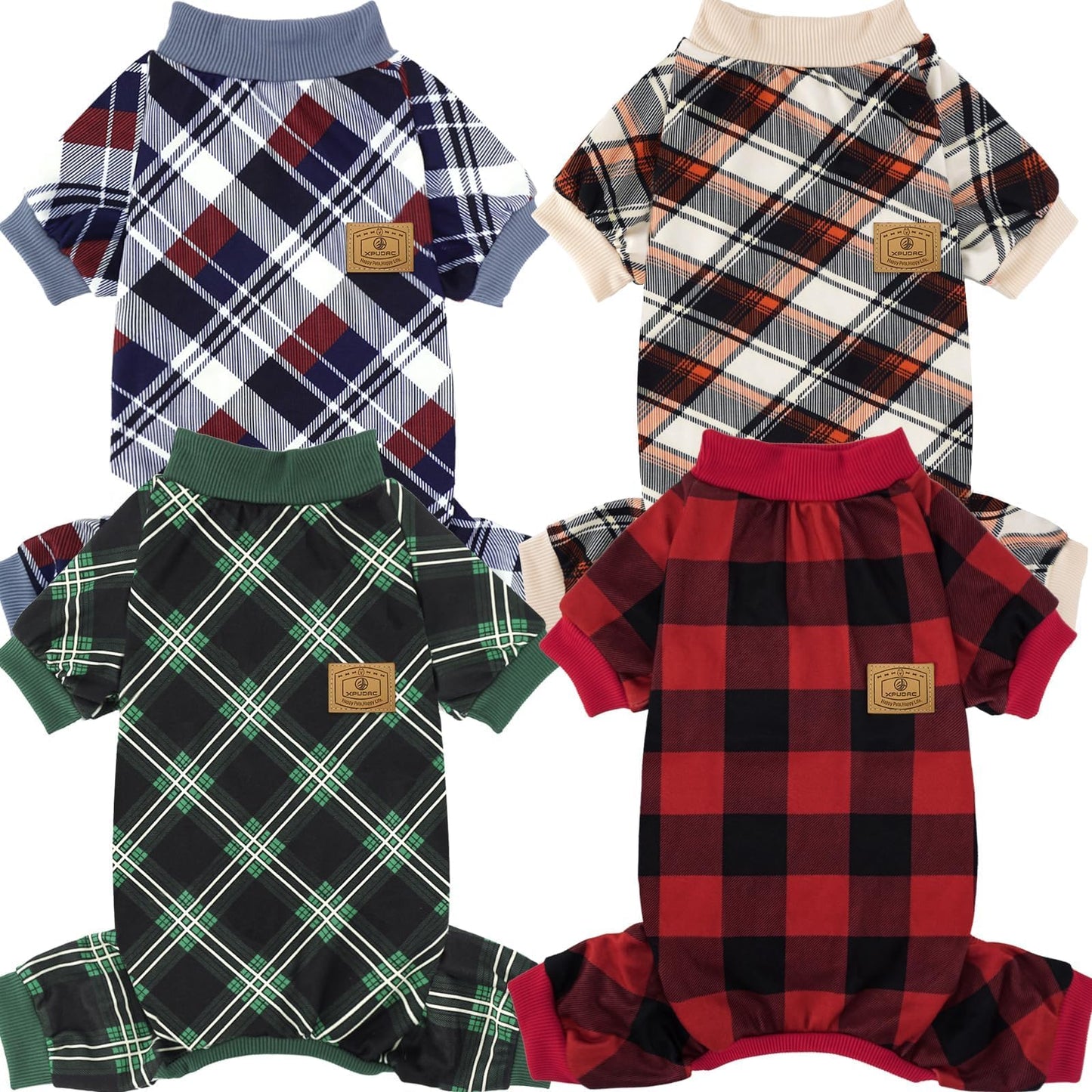 XPUDAC 4 Pack Dog Pajamas for Small Dogs Cats Plaid Dog Clothes Puppy Onesies Dog Christmas Pajamas Puppy Jumpsuits Pet Pjs Shirt Apparel (2X-Large, Red Green Khaki Grey