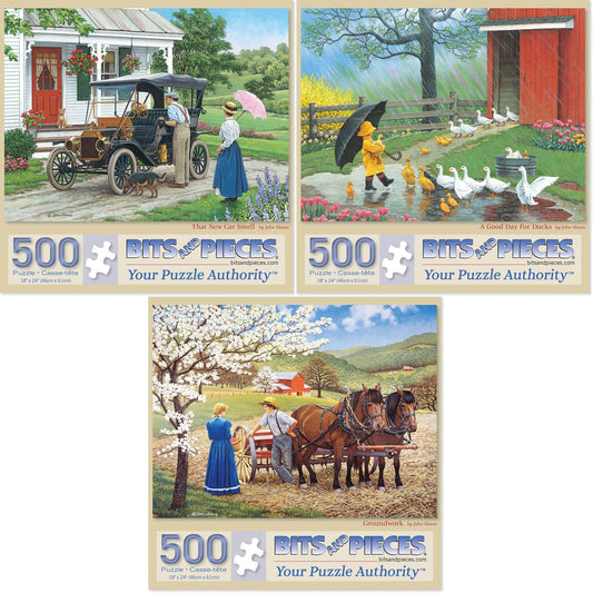 Bits and Pieces - Value Set of Three (3) 500 Piece Jigsaw Puzzles for Adults - Each Puzzle Measures 46cm x 61cm - 500 pc That New Car Smell, a Good Day For Ducklings, Groundwork Jigsaws by Artist John Sloane